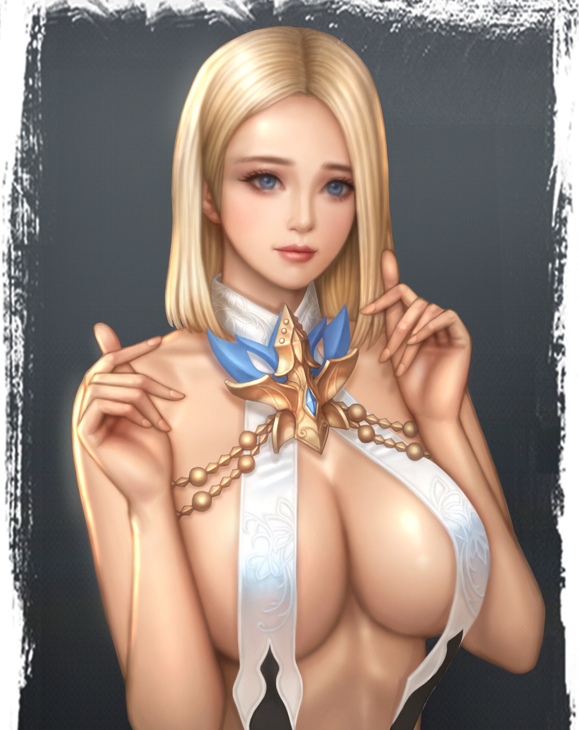 General 1143x1440 Seungjin Ok drawing women blonde blue eyes suspenders skimpy clothes frame big boobs portrait display