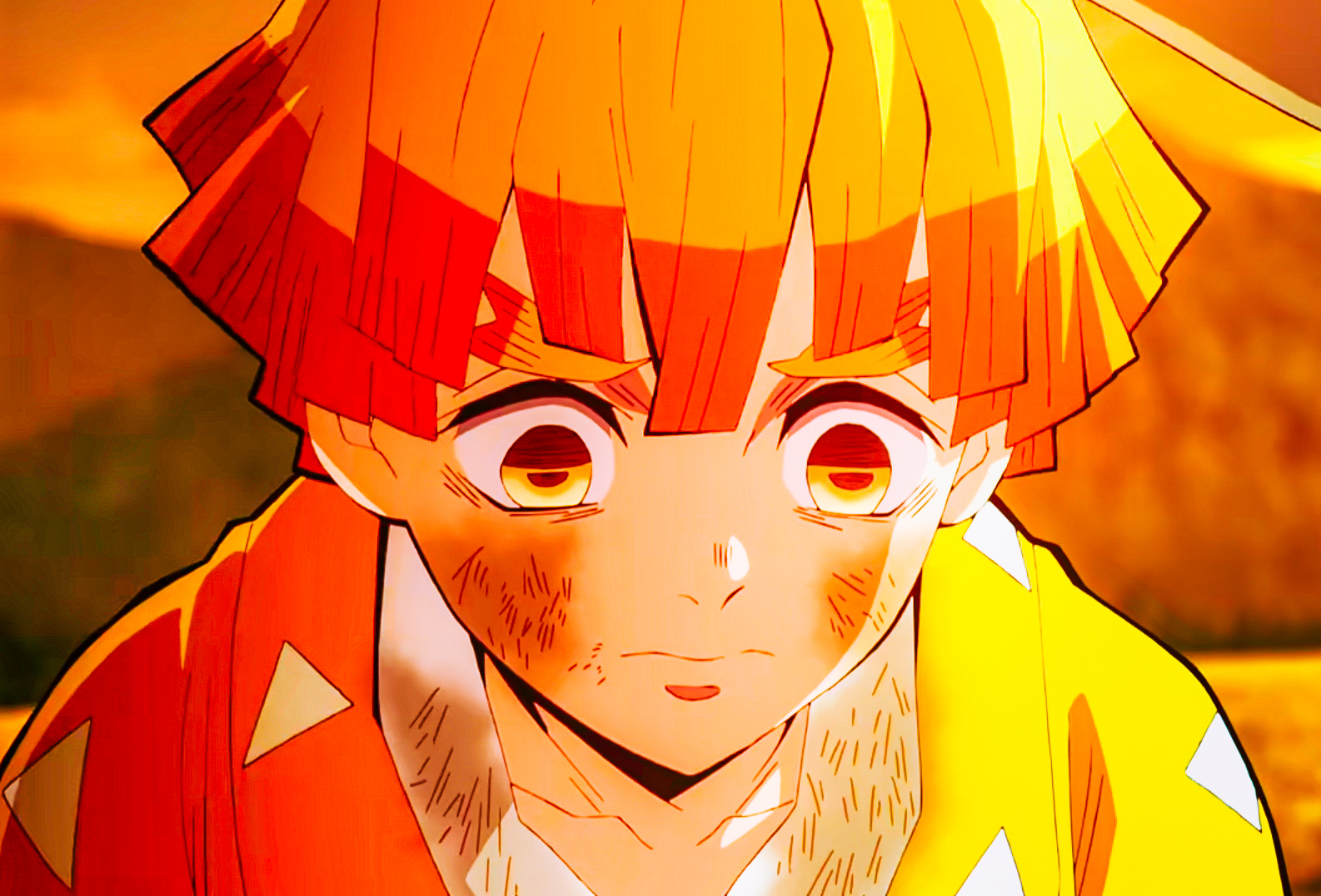 Anime 1586x1077 anime boys blonde Zenitsu Agatsuma Kimetsu no Yaiba yellow eyes anime screenshot