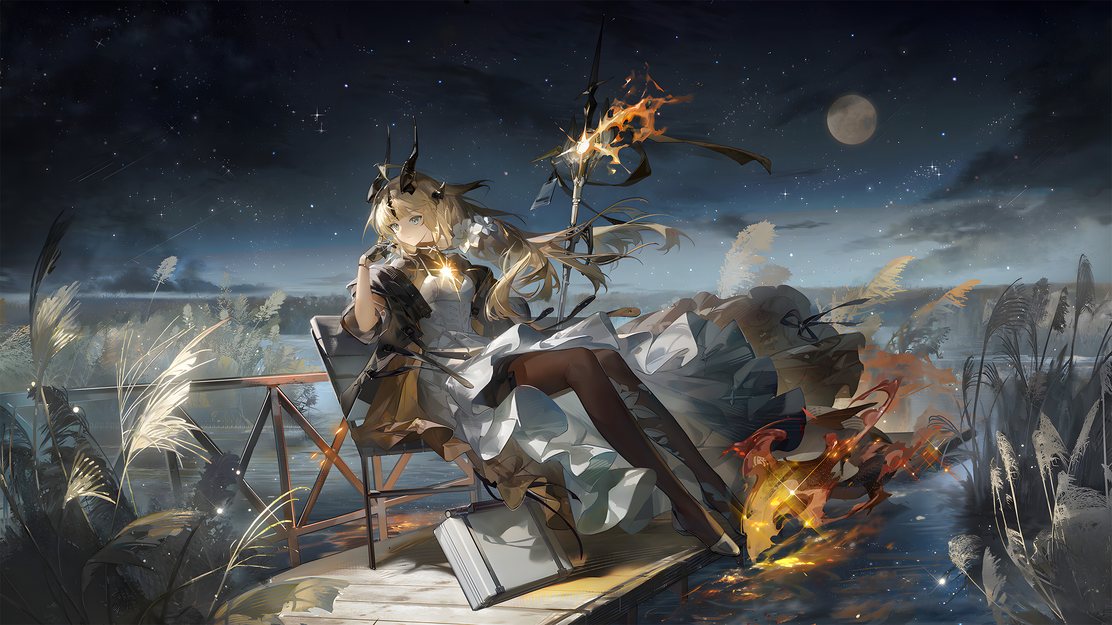 Anime 3800x2138 anime girls Reed The Flame Shadow (Arknights) horns Moon stars starry night