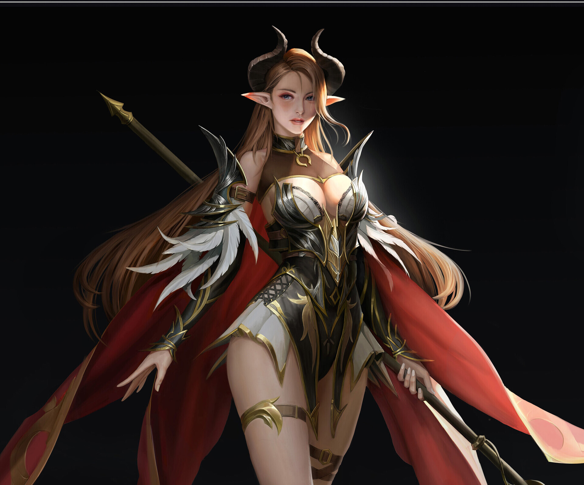 General 1920x1594 Zhuang Yue Dong drawing women brunette weapon fantasy art simple background red clothing pointy ears cleavage