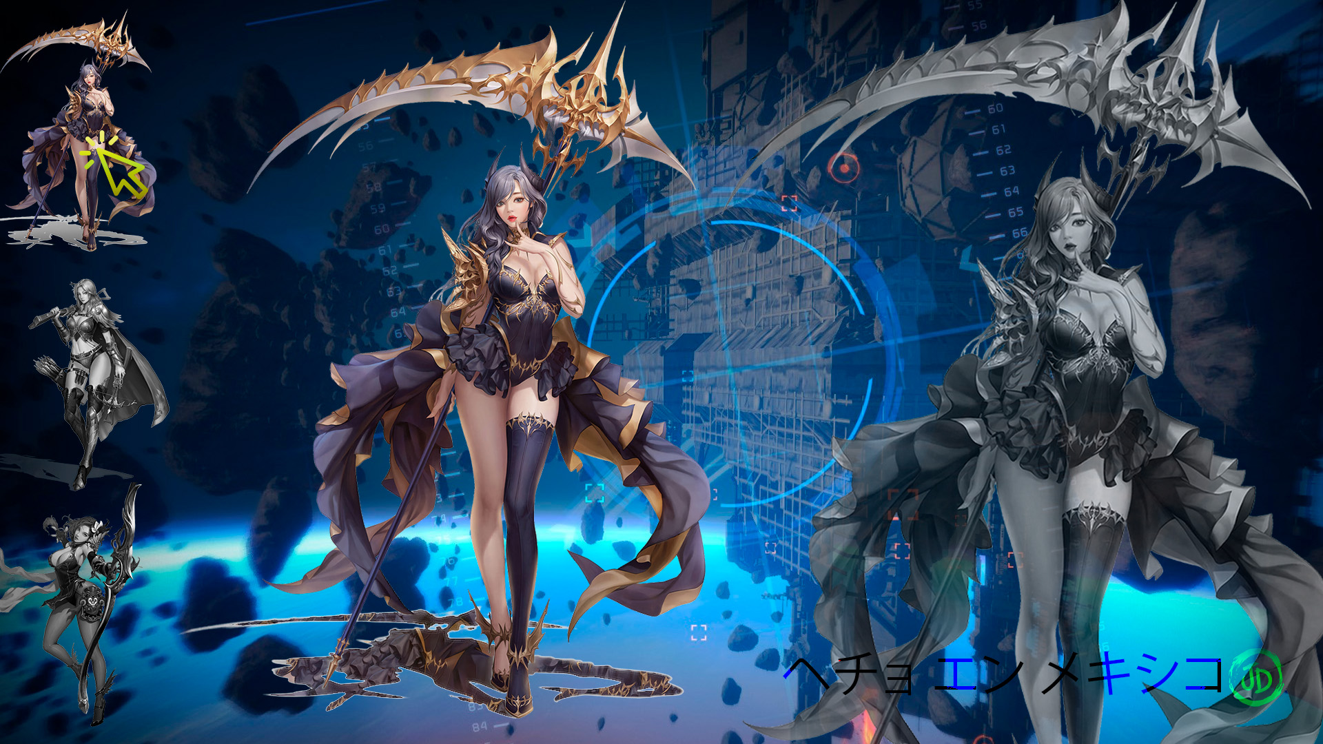 General 1920x1080 fantasy girl weapon scythe cleavage Japanese characters Japanese horns