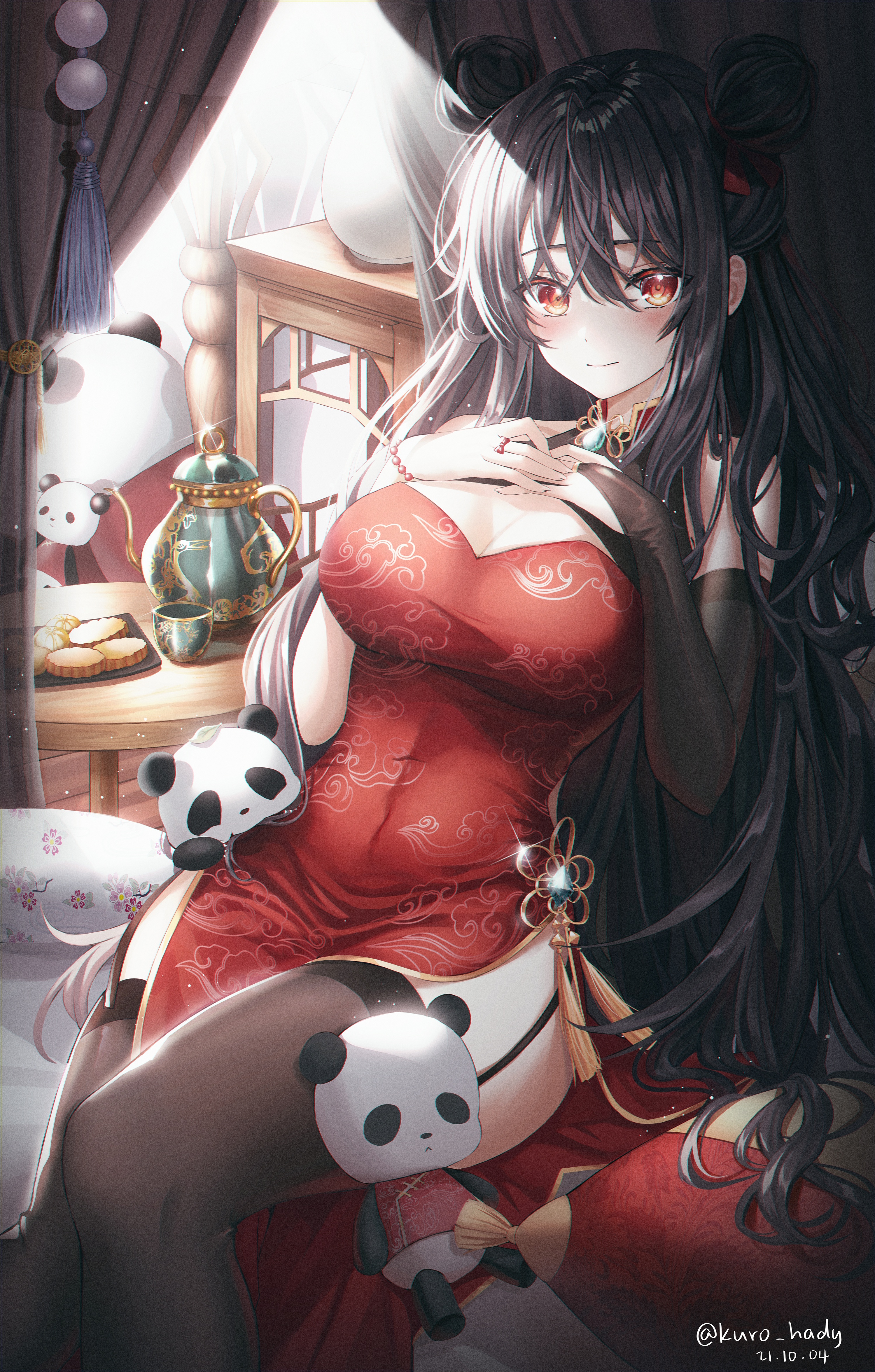 Anime 3000x4703 anime anime girls portrait display Chinese dress stockings panda blushing odango
