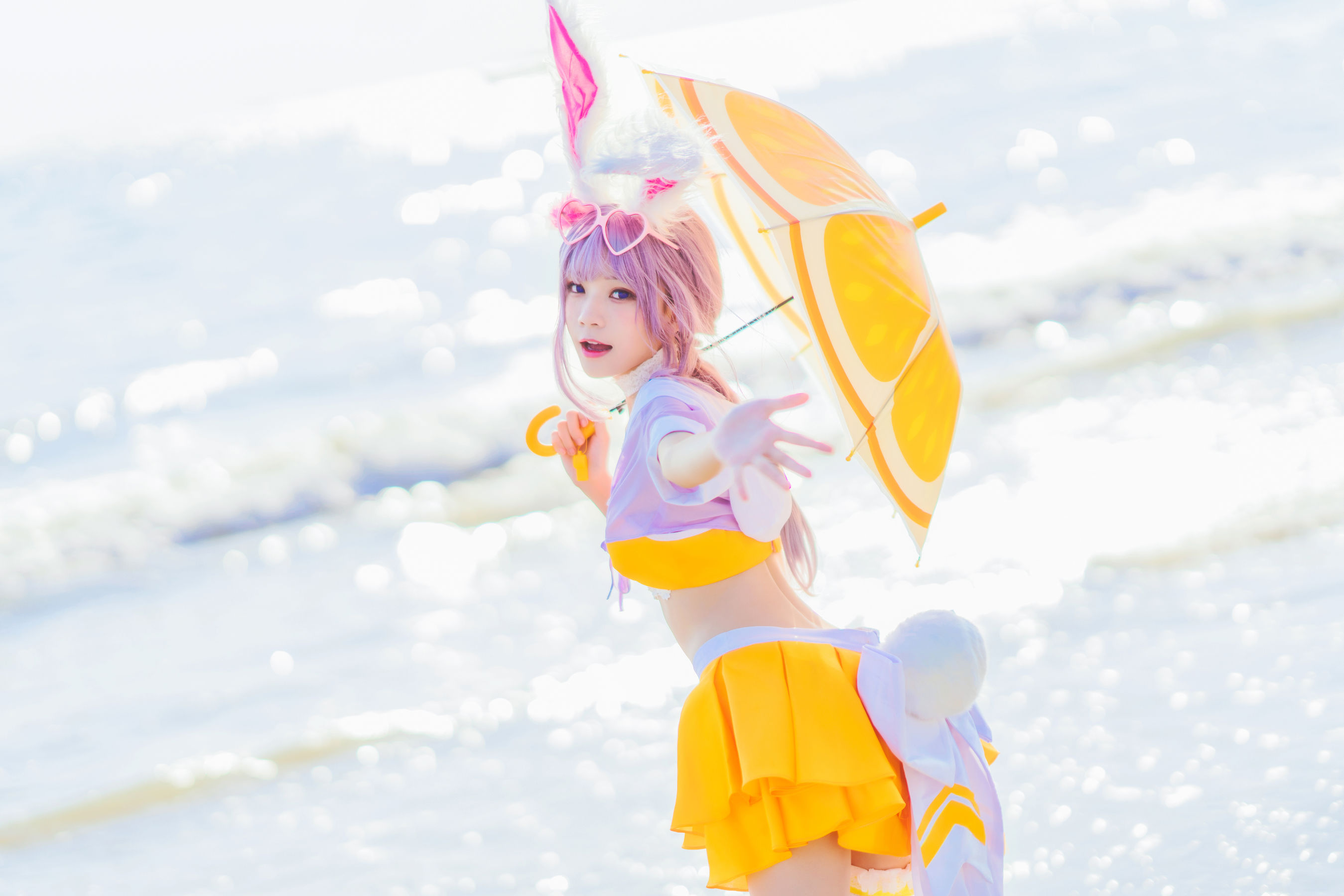 People 2698x1800 CherryNeko women model Asian beach purple hair bunny ears umbrella women outdoors cosplay sunlight