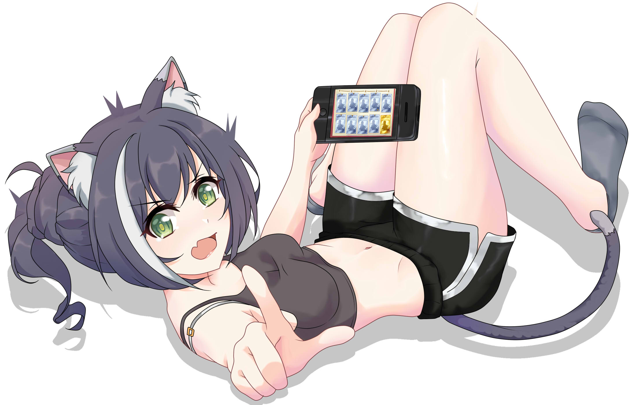 Anime 2200x1400 anime anime girls digital art 2D Pixiv petite belly belly button bare midriff lying on back cat tail cat ears cat girl