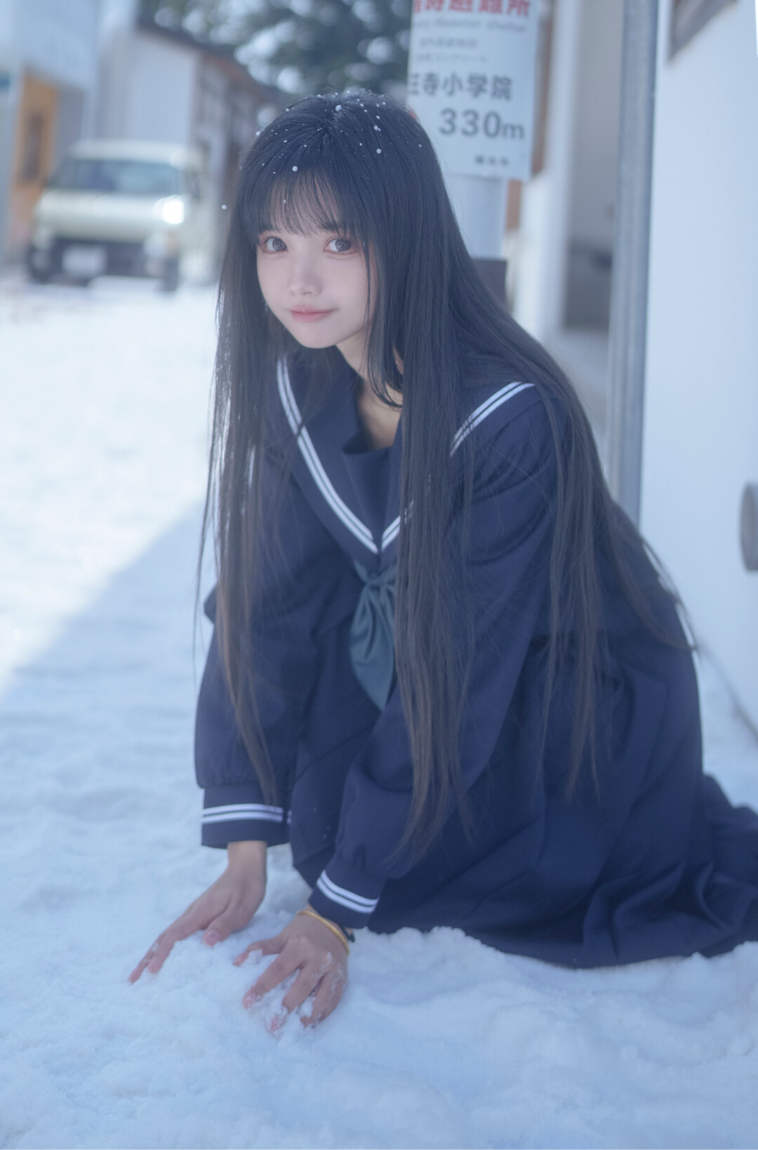 People 1080x1638 women Chinese Asian long hair school uniform snow