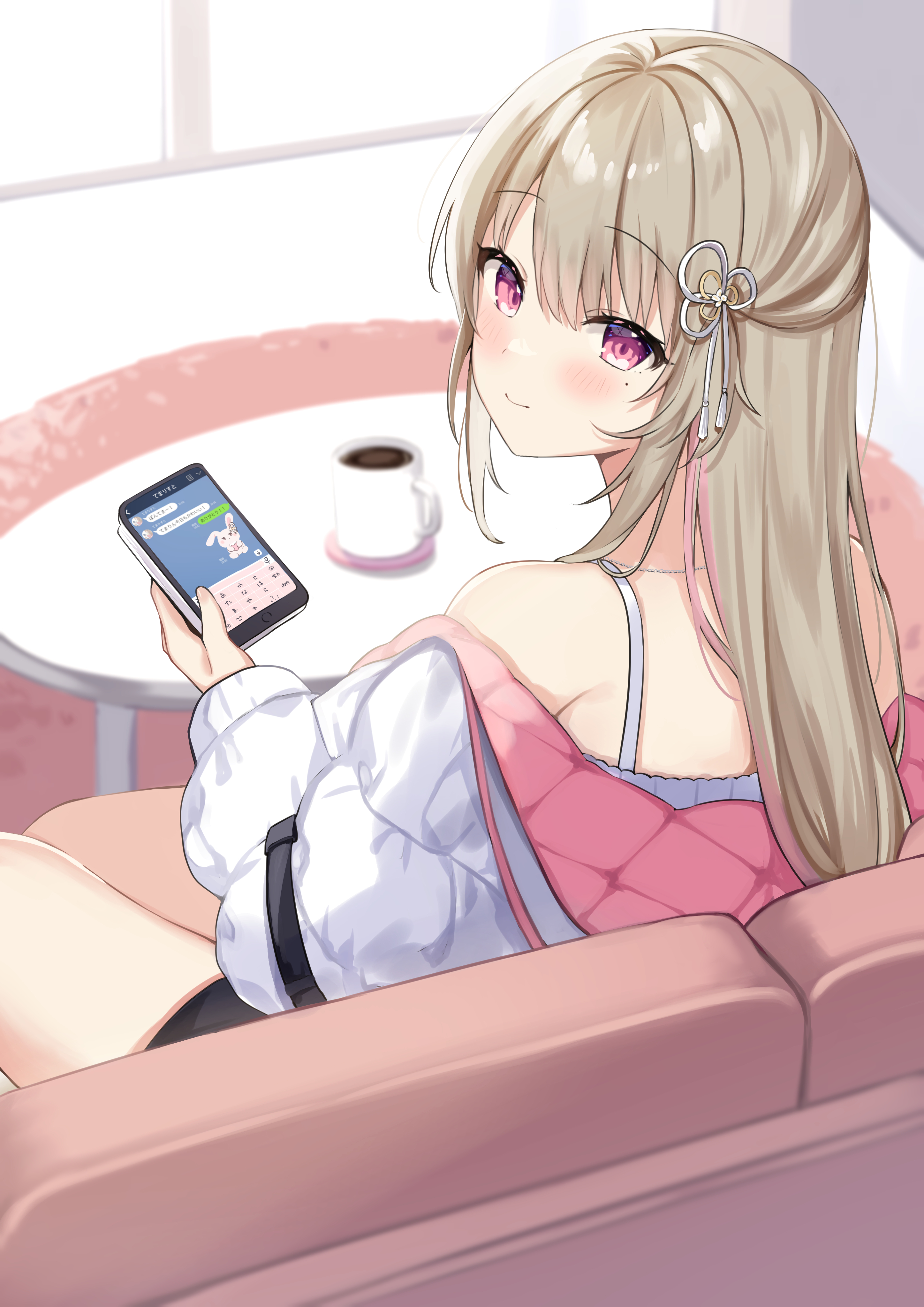 Anime 2894x4093 pink eyes anime girls portrait display phone moles mole under eye coffee looking at viewer looking back blonde high angle open jacket