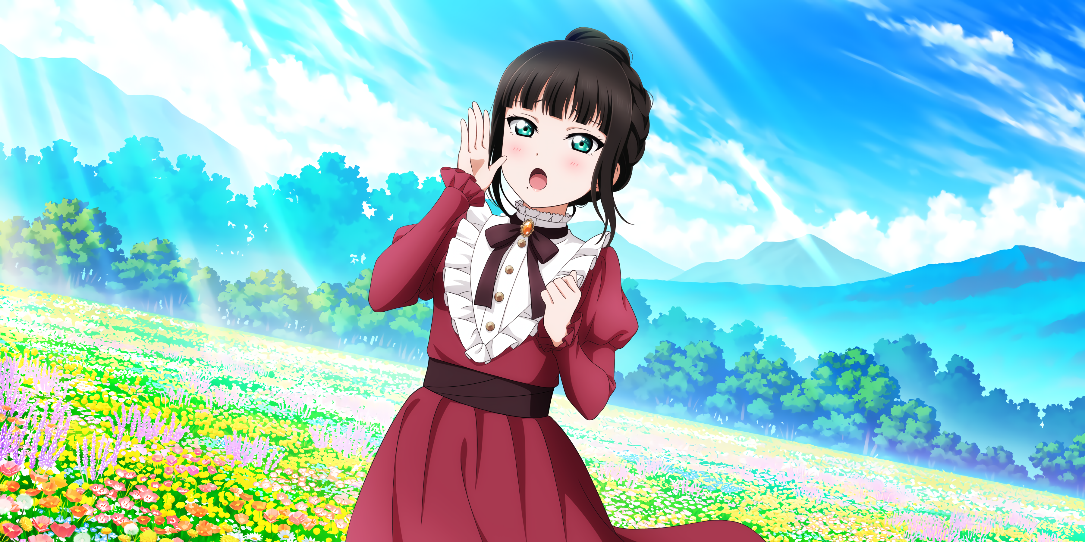 Anime 3600x1800 Kurosawa Dia Love Live! Sunshine Love Live! anime anime girls flowers sun rays trees mountains