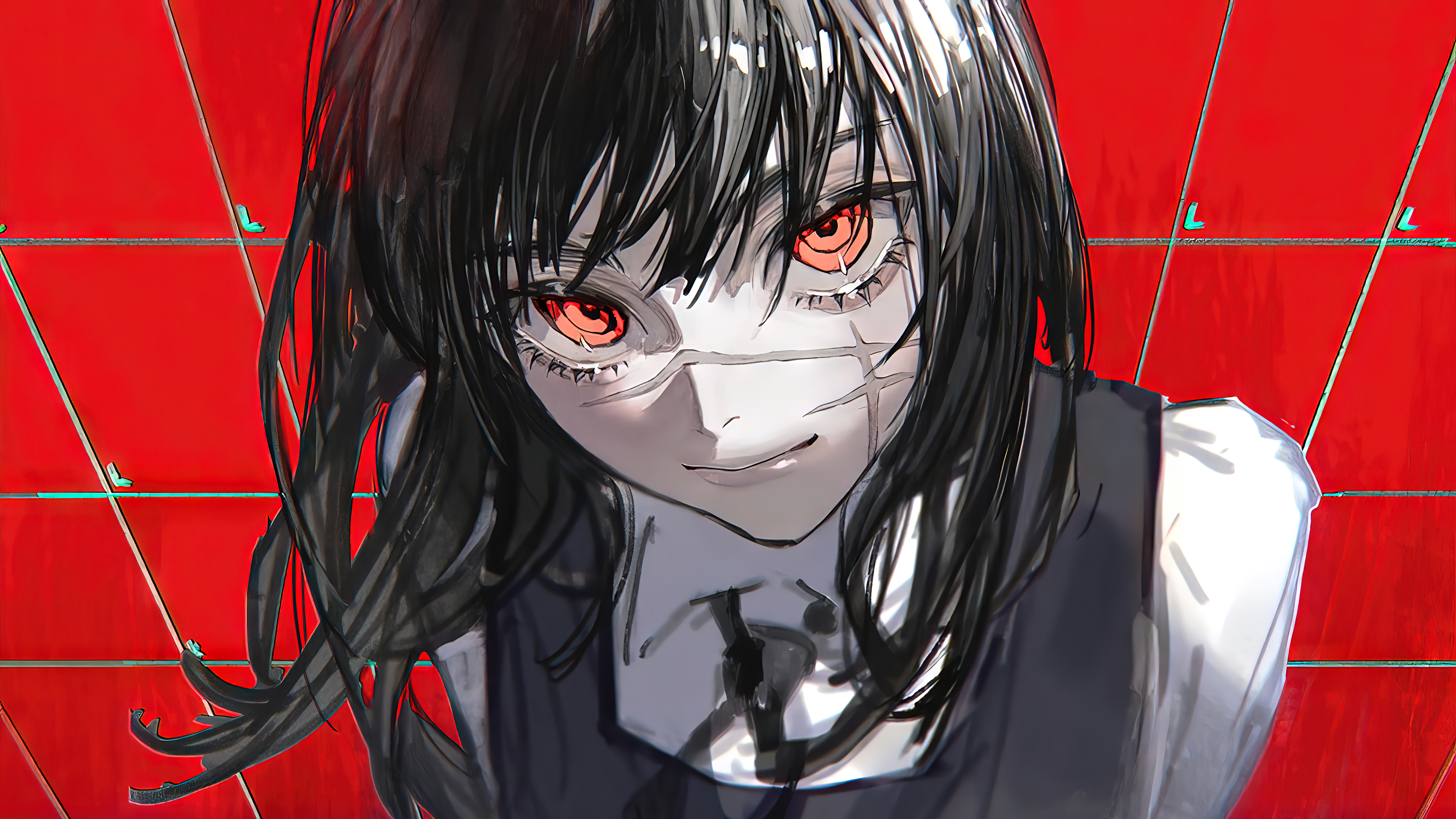 Anime 3840x2160 Chainsaw Man scars black hair school uniform red eyes smiling looking at viewer red background anime girls high angle Mitaka Asa (Chainsaw Man)