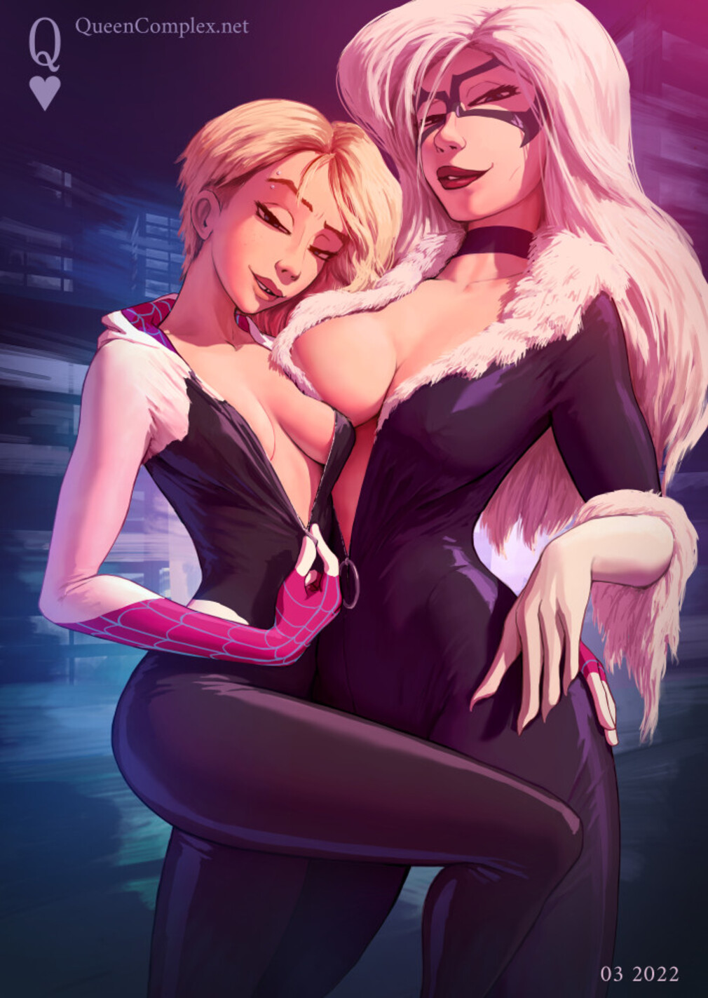 General 1010x1423 Gwen Stacy Spider Gwen Felicia Hardy Marvel Comics cleavage blonde white hair two women queencomplex looking at viewer cartoon choker big boobs