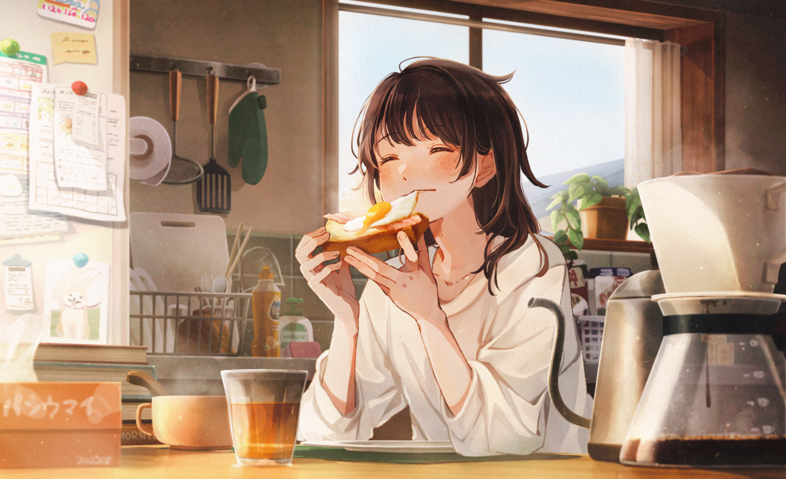 closed eyes, anime girls, toast, eggs, food, coffee, anime girls eating |  3014x1837 Wallpaper - wallhaven.cc