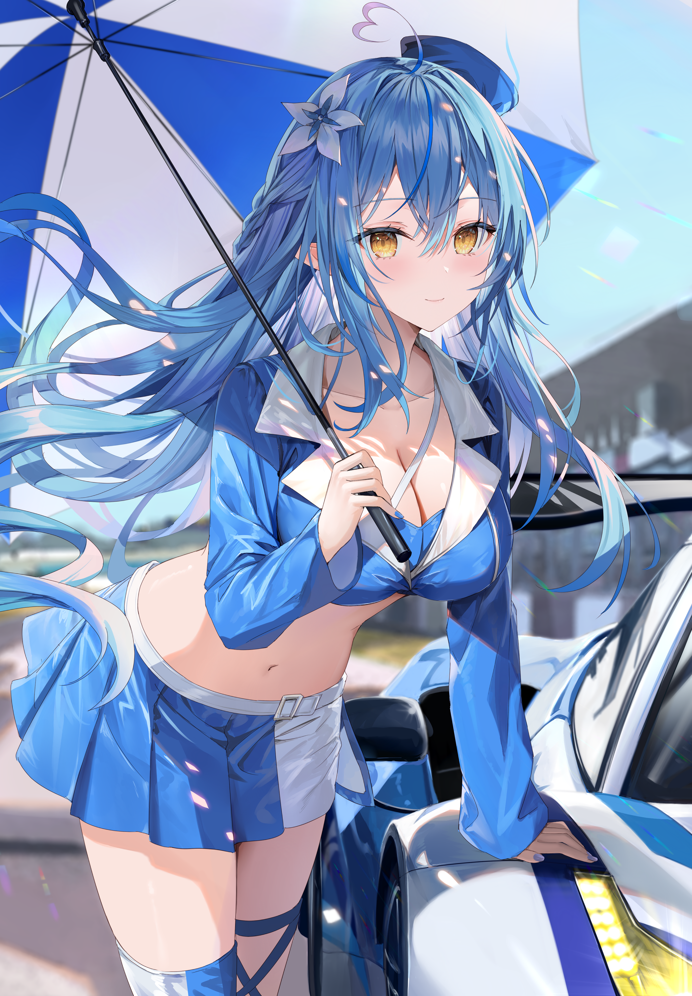 Anime 2825x4065 anime anime girls Hololive Virtual Youtuber Yukihana Lamy cleavage umbrella blue hair flower in hair