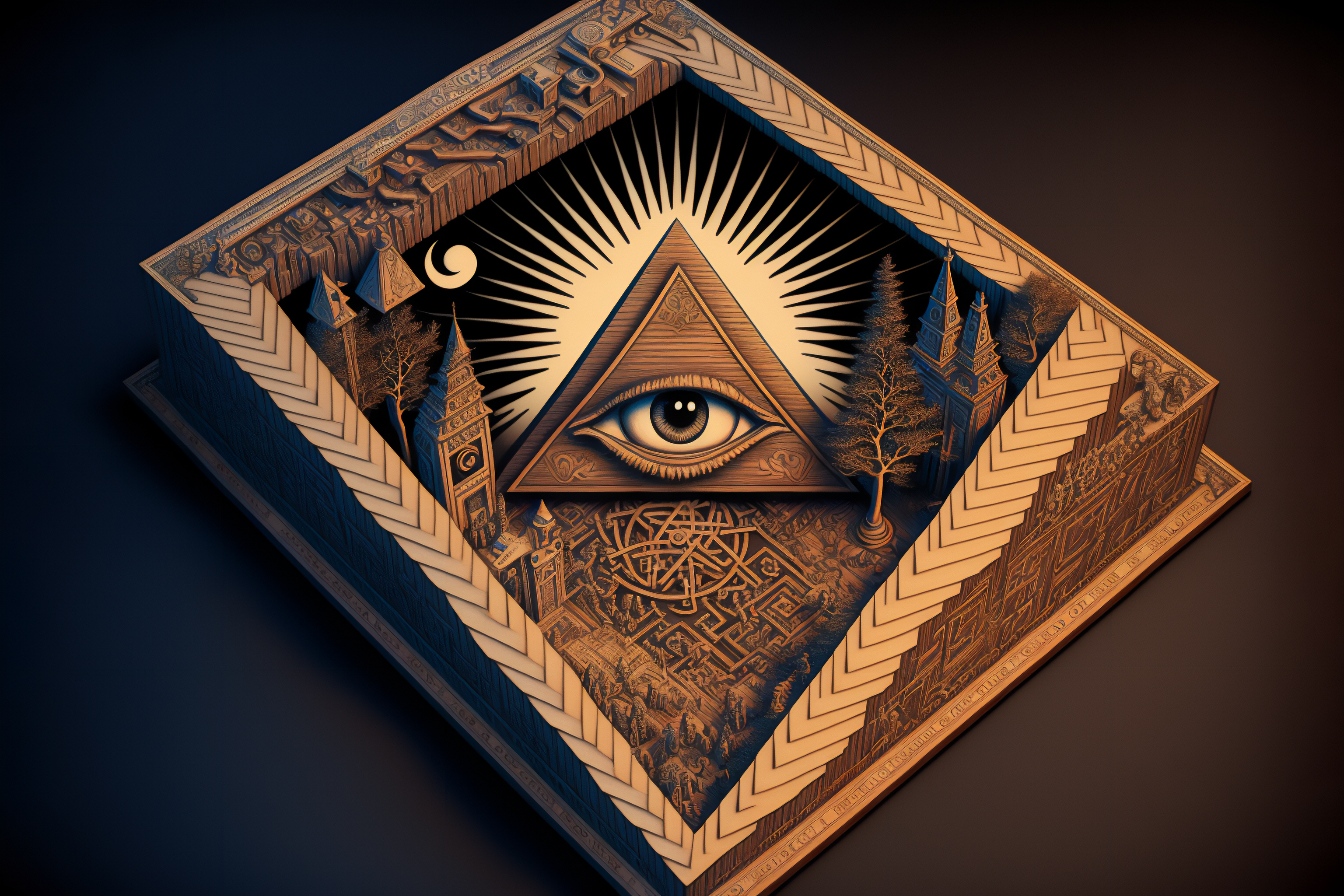 General 3072x2048 AI art illustration Illuminati wood pyramid eyes