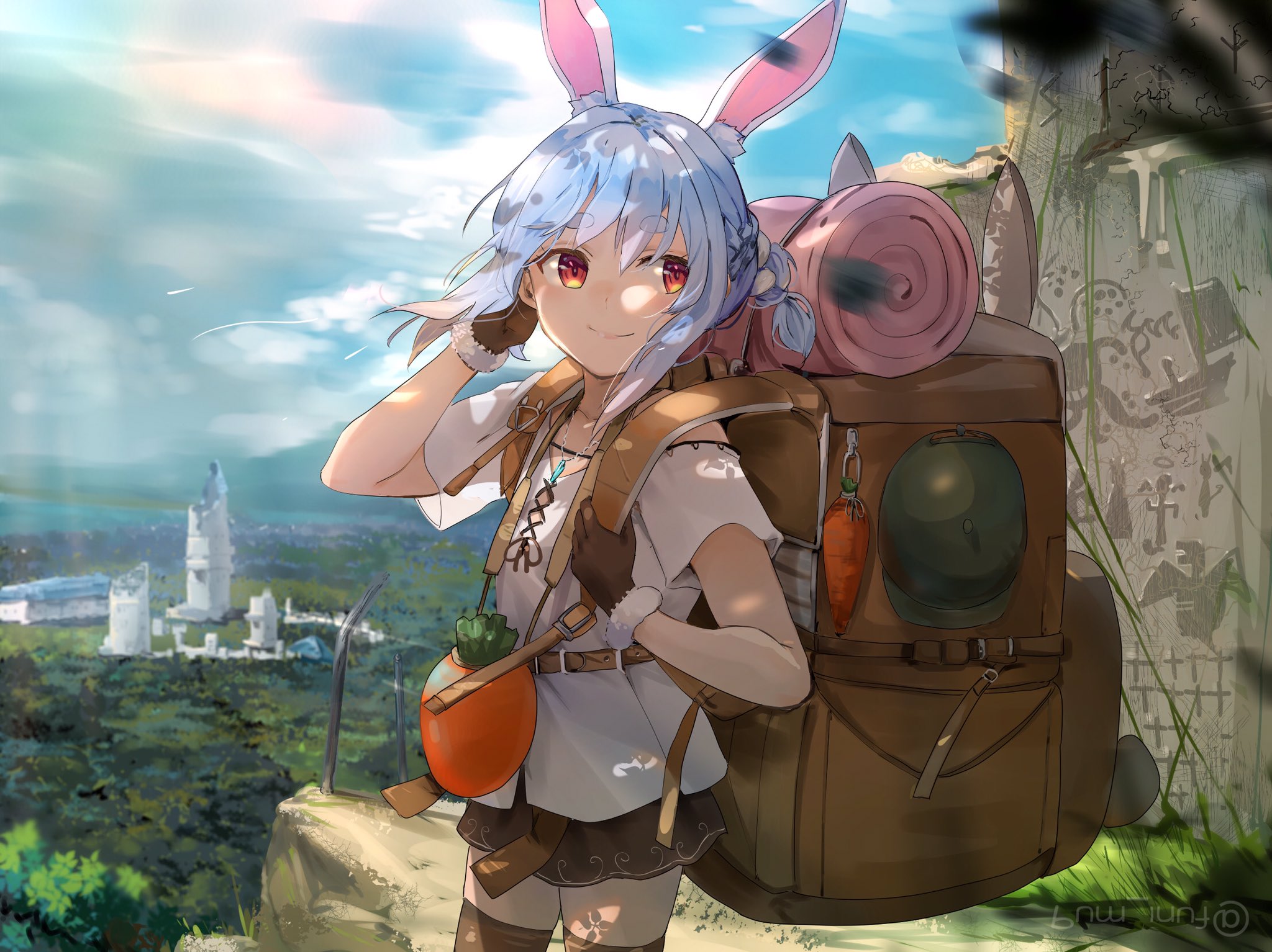Anime 2048x1534 Hololive Usada Pekora bunny girl fantasy castle backpacks carrots blue hair bunny ears Virtual Youtuber anime girls red eyes gloves