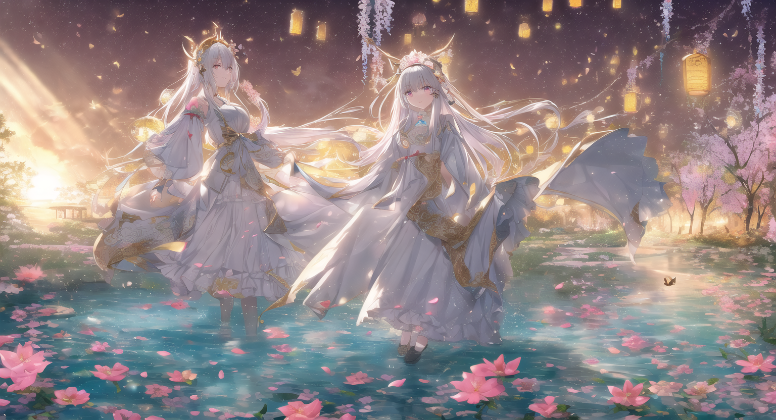 Anime 1536x832 anime girls anime water underwater long hair fantasy architecture Chinese dress petals flowers
