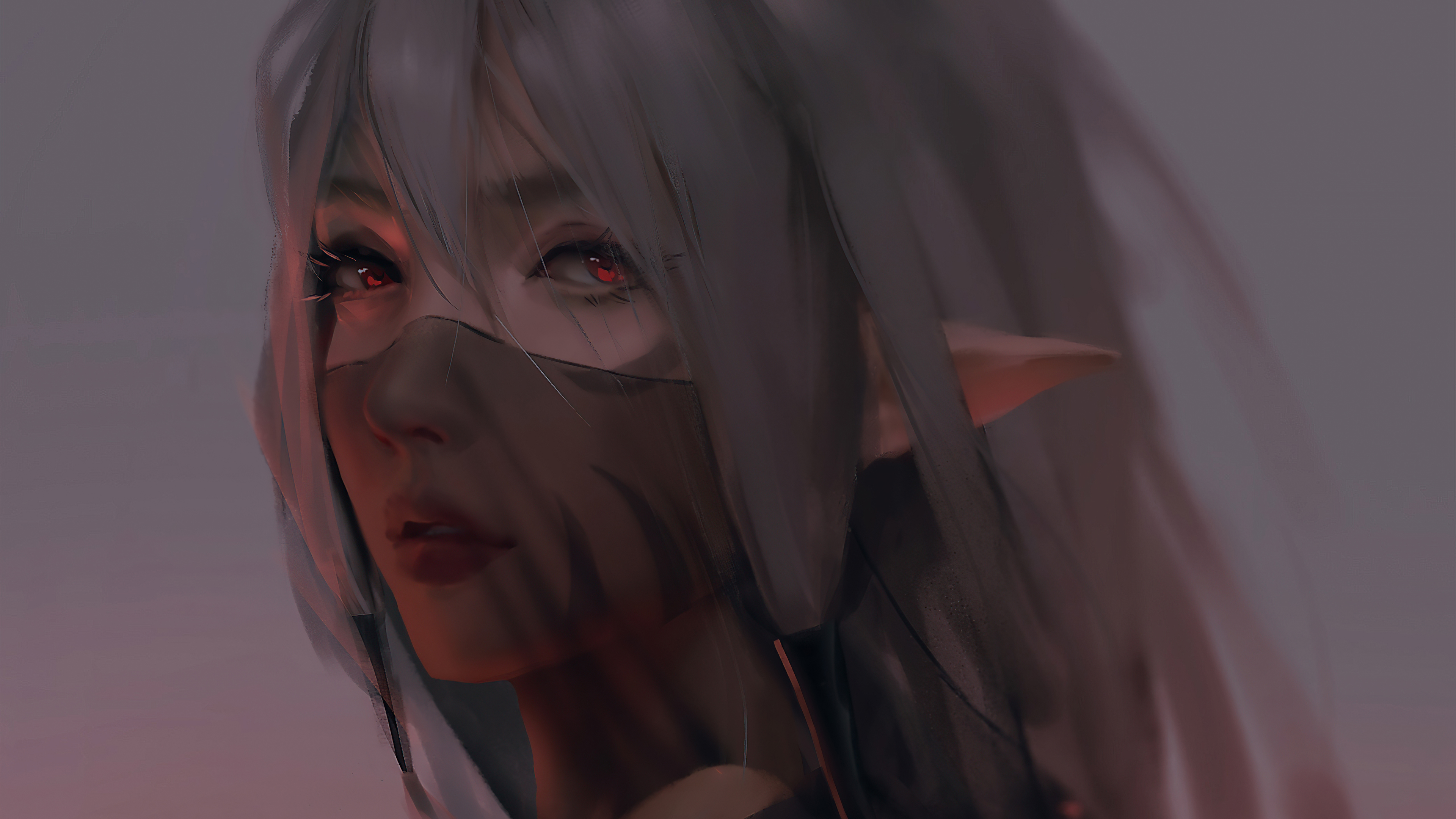 General 3840x2160 veils red eyes pointy ears looking at viewer gray hair women