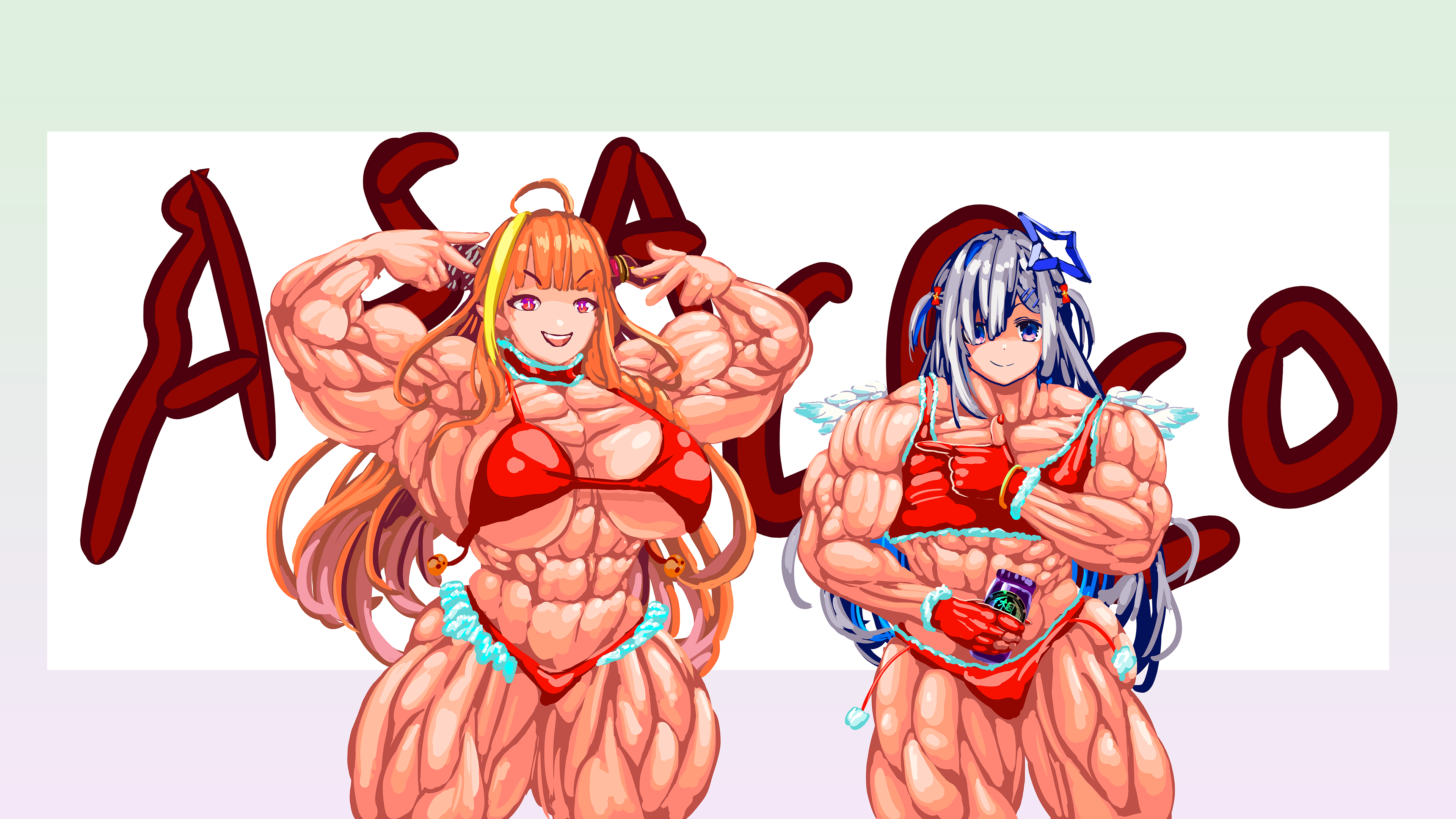 Anime 3840x2160 muscles muscular anime girls toned female artwork strong woman Hololive Virtual Youtuber bikini