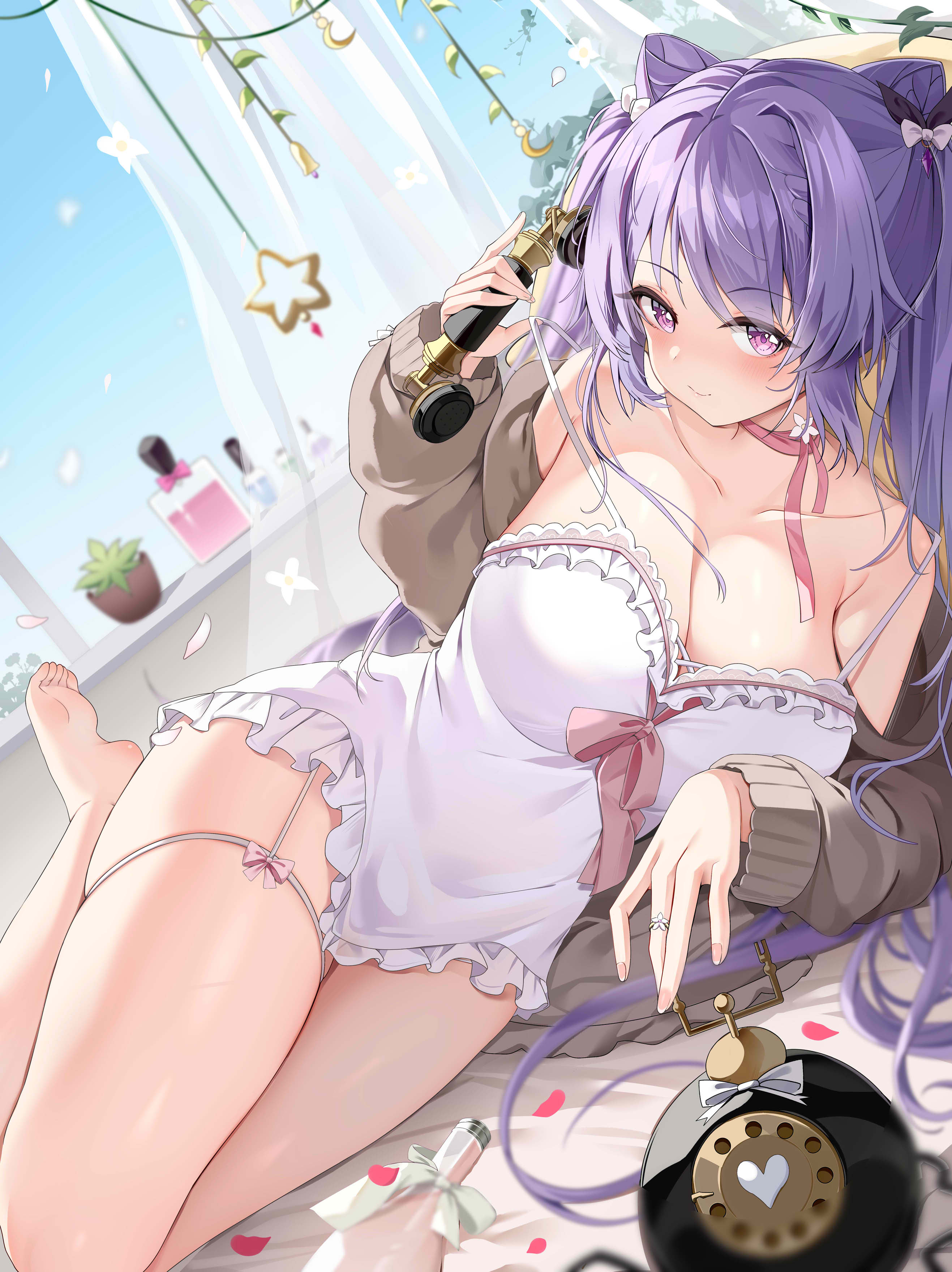 Anime 2634x3519 Genshin Impact Keqing (Genshin Impact) Ju (artist) anime girls purple hair purple eyes petals cleavage blushing twintails big boobs