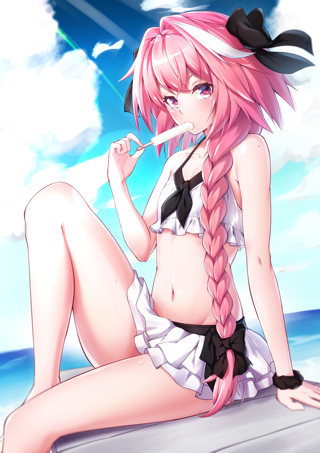 Anime 1020x1443 takatun Astolfo (Fate/Apocrypha) Fate series Fate/Grand Order Fate/Apocrypha  pink hair anime boys swimwear popsicle suggestive clouds water femboy