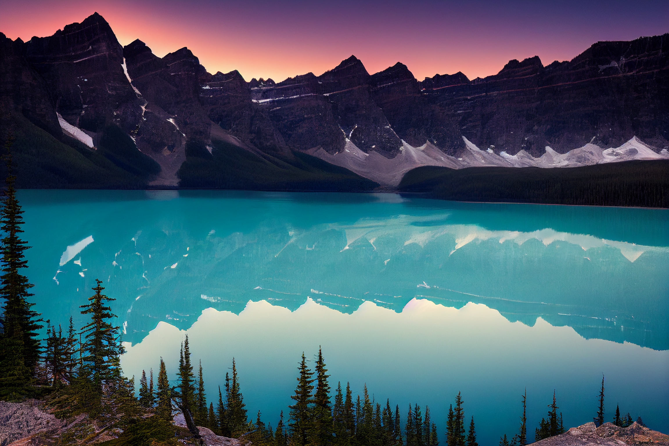 General 2304x1536 AI art landscape lake Banff National Park sunset mountains water reflection trees nature