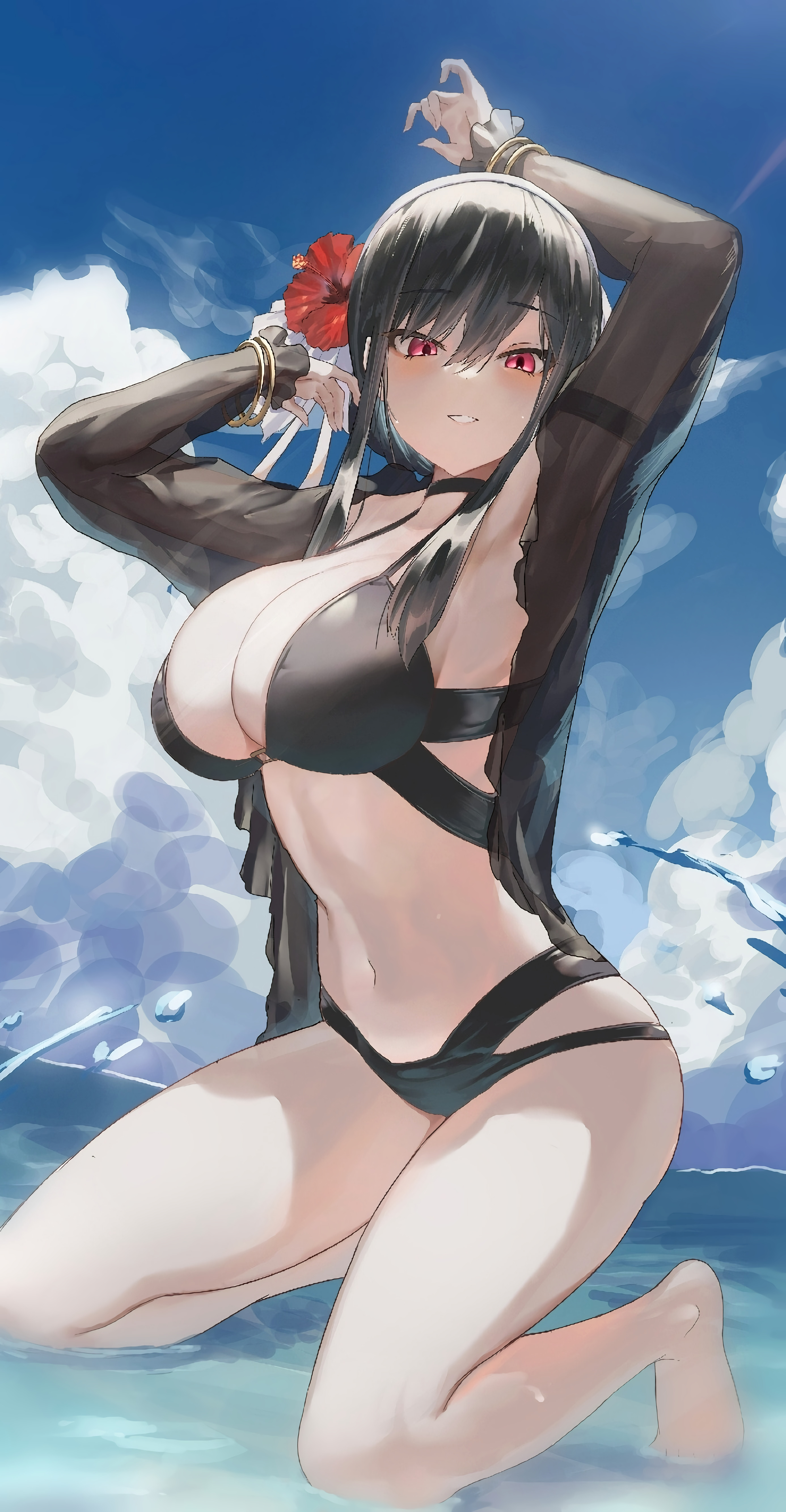 Anime 2772x5332 anime anime girls Spy x Family Yor Forger open clothes red eyes black hair big boobs black swimsuit sky hibiscus flowers flower in hair water looking at viewer clouds water drops squatting bikini swimwear