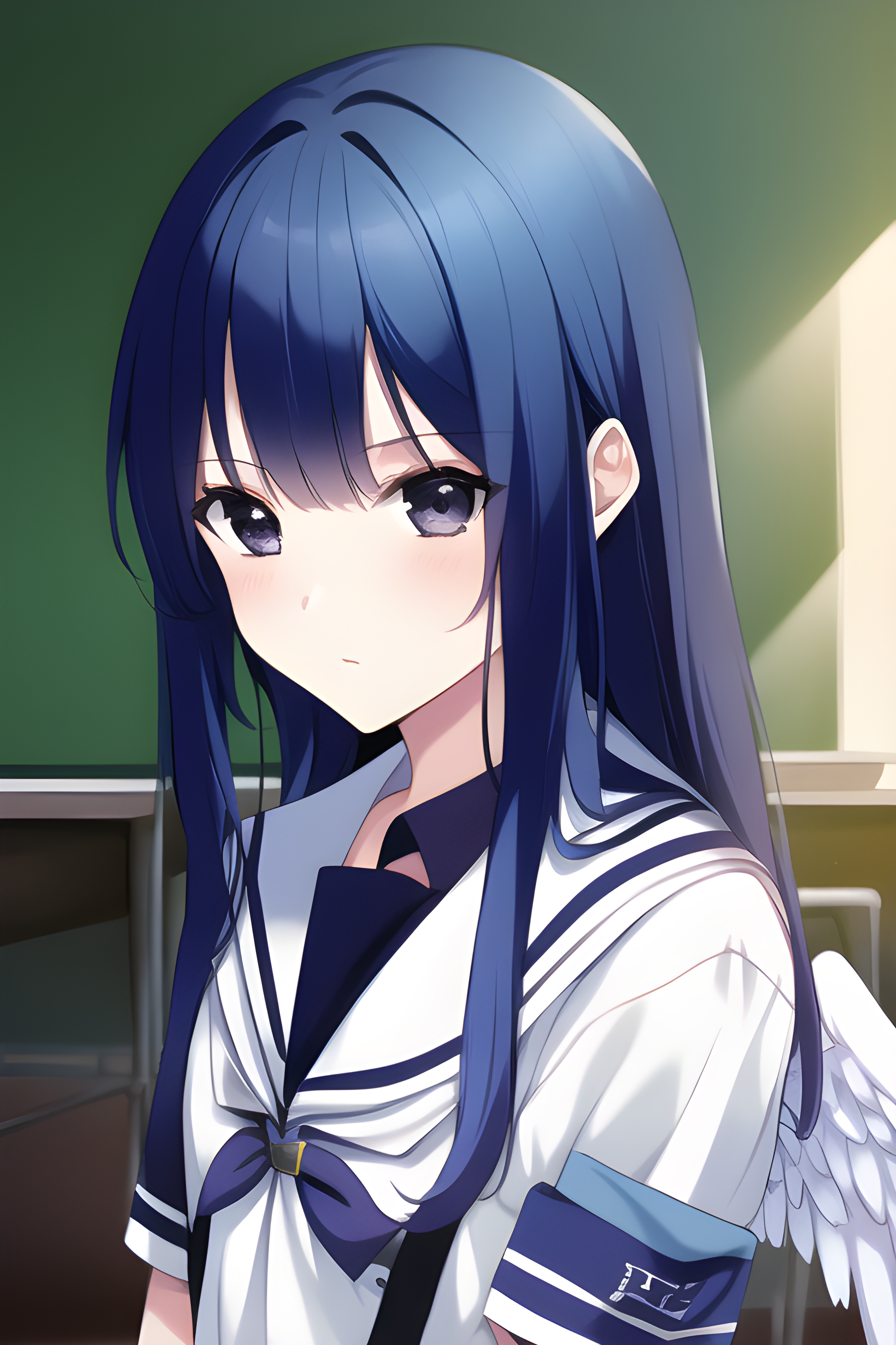 Anime 2048x3072 school uniform blue hair angel black eyes classroom anime anime girls angel wings wings schoolgirl