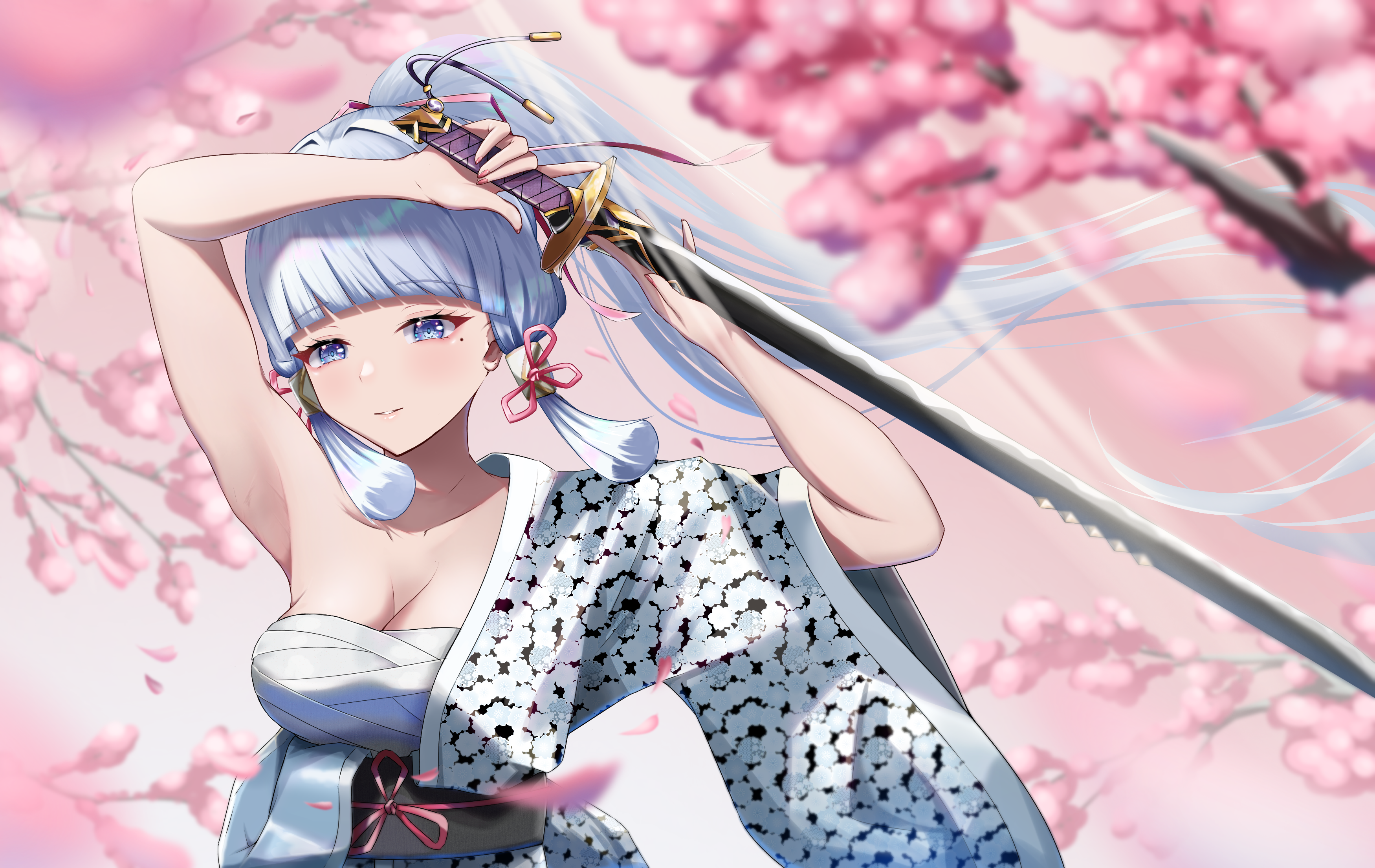 Anime 3500x2211 anime anime girls ren rene Genshin Impact Kamisato Ayaka (Genshin Impact) moles mole under eye closed mouth long hair light blue hair blue eyes one bare shoulder smiling parted lips weapon sword women with swords sarashi wide sleeves bright hair ornament hair tubes branch flowers petals pink arms up blunt bangs looking at viewer kimono Japanese clothes cleavage ponytail