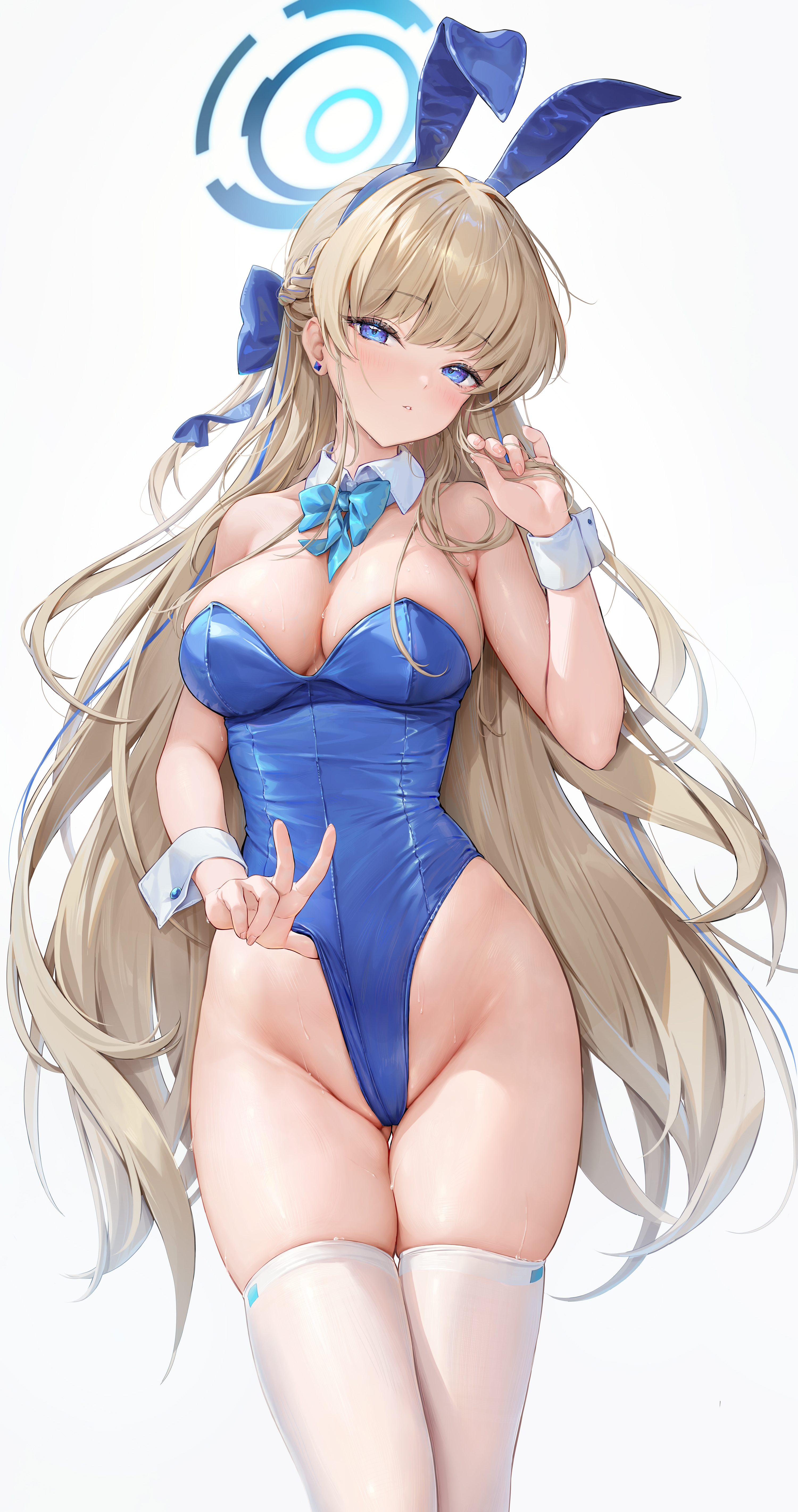 Anime 3000x5681 Blue Archive blue leotard portrait display long hair Asuma Toki (Blue Archive) looking at viewer blushing simple background blonde white background leotard big boobs pulling clothing hand gesture bunny ears strapless leotard thighs bunny suit wrist cuffs bare shoulders sweat white thigh highs wet crotch floss butt fangs thighs together standing frontal view sweaty body