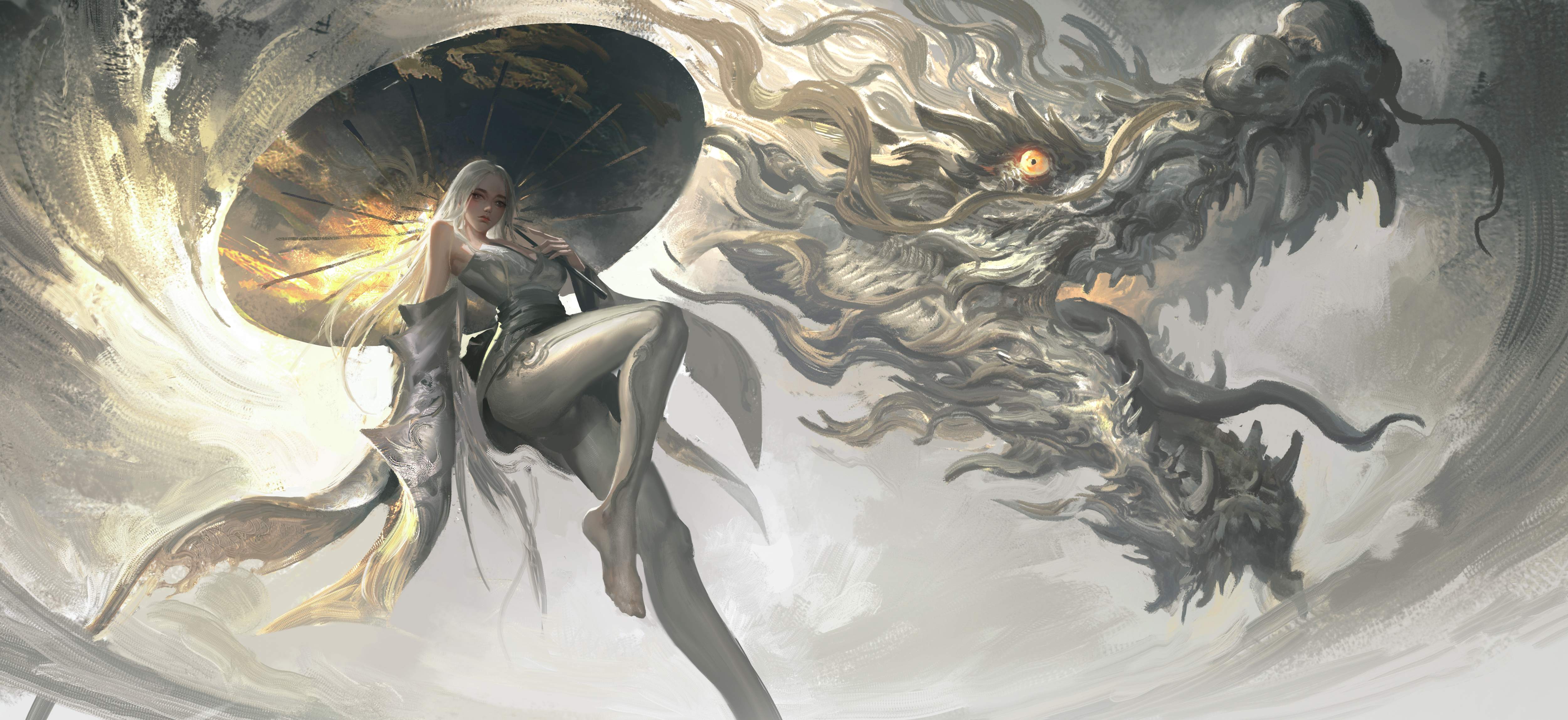 Anime 5000x2297 LEO (Artist) low-angle umbrella looking at viewer dragon closed mouth white hair long sleeves sky detached sleeves floating creature Chinese dragon