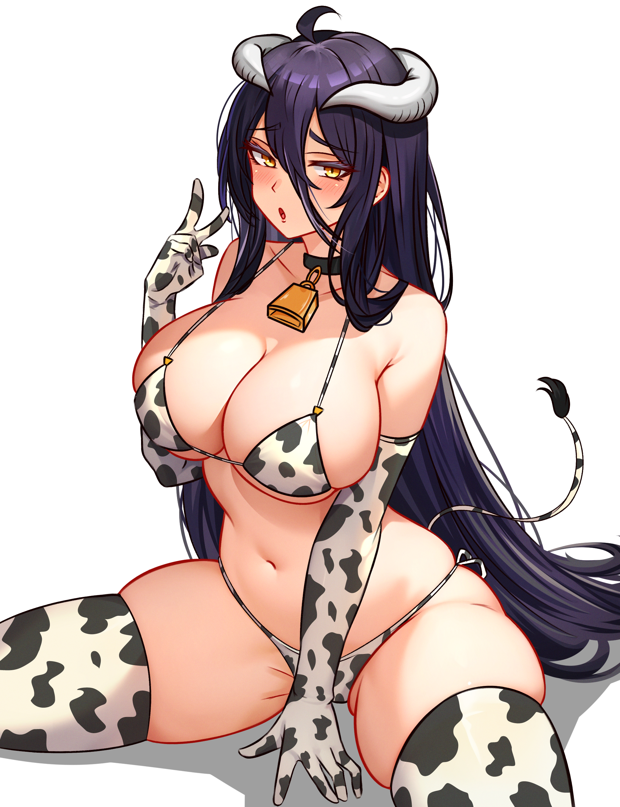 Anime 2000x2600 anime anime girls Albedo (OverLord) belly Overlord (anime) tail horns white background thighs simple background bikini cowkinis thigh-highs Cow tail peace sign long hair purple hair yellow eyes gloves elbow gloves portrait display Cetta big boobs blushing
