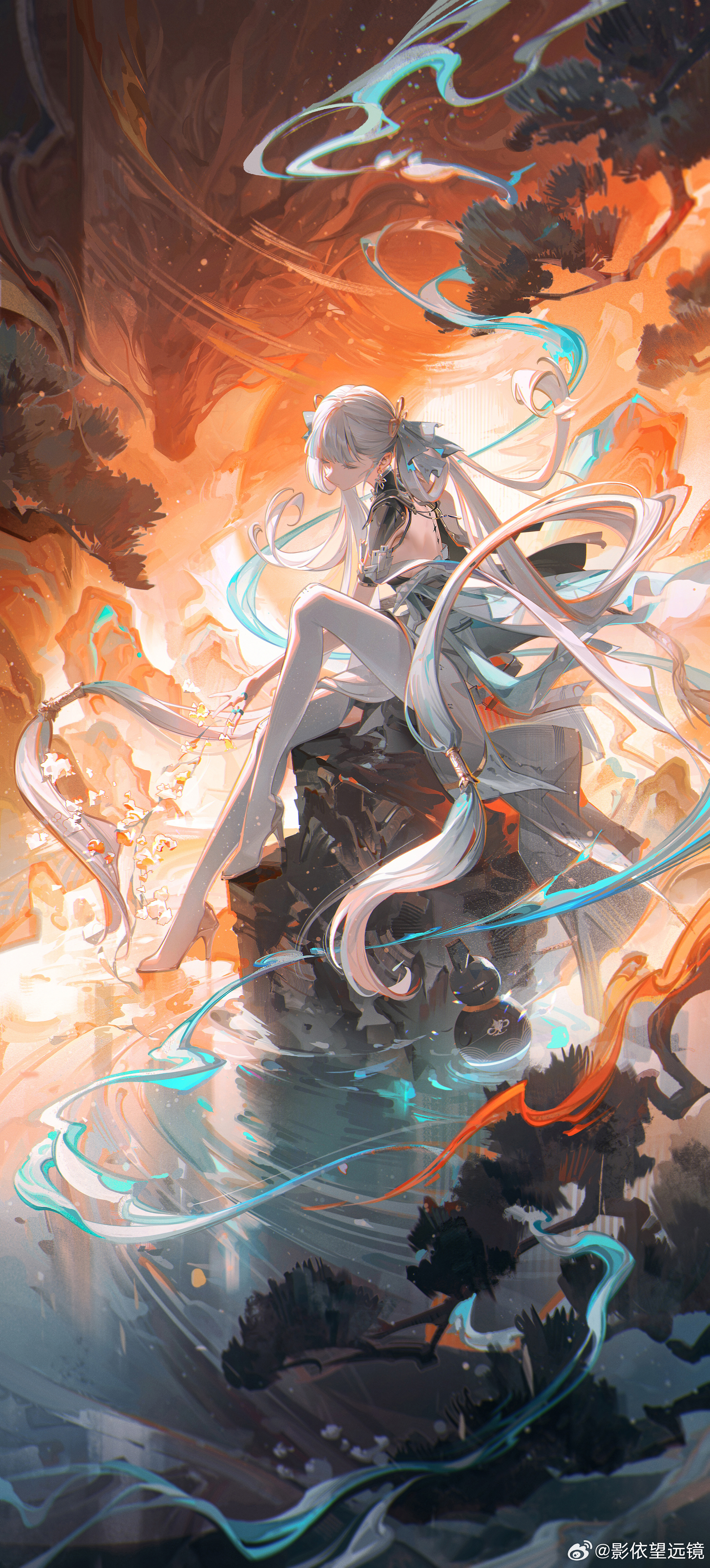 Anime 2600x5741 Wuthering Waves dragon portrait display long hair Jinhsi (Wuthering Waves) white thigh highs sitting twintails backless dress clothing cutout Ying Yi closed eyes high heels branch dress rocks Chinese dragon