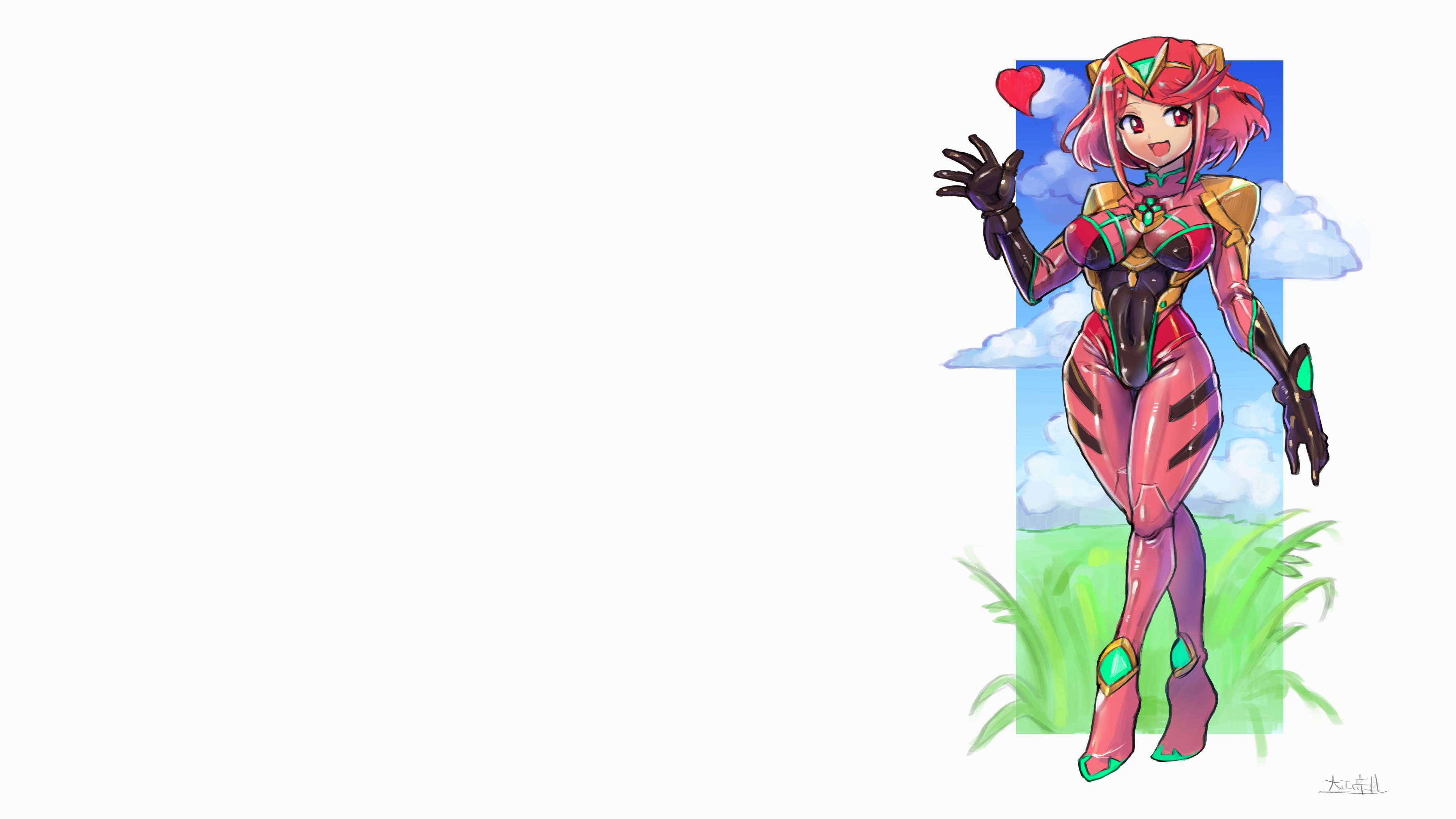 Anime 3840x2160 Xenoblade Chronicles 2 Homura (Xenoblade 2) Xenoblade Chronicles redhead tight clothing armor bodysuit red bodysuit black gloves gloves shoulder pads short hair simple background white background clouds plants heart (design) Nintendo video games red eyes smiling sidelocks tiara jewelry