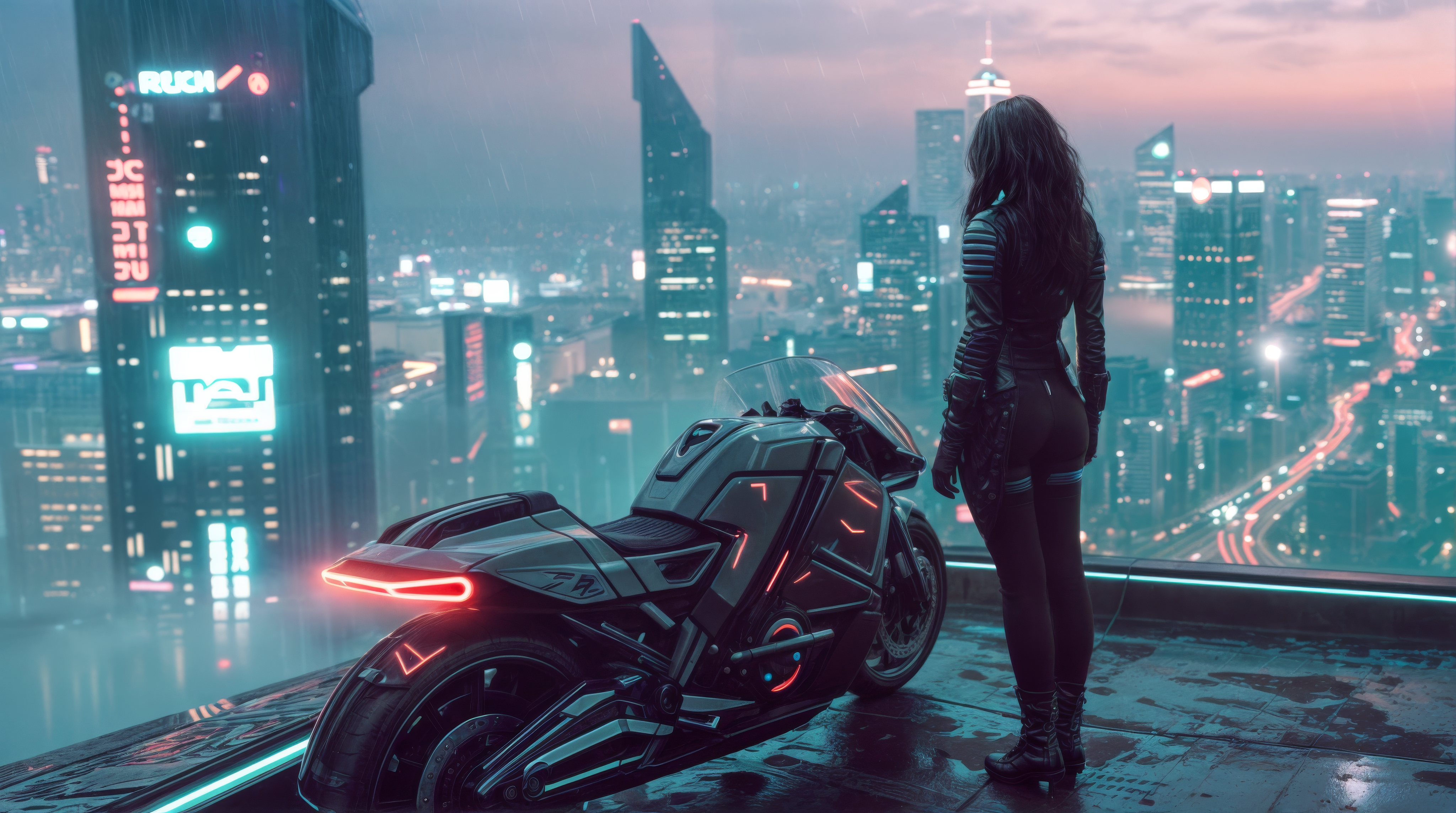 General 4096x2288 AI art cyberpunk motorcycle futuristic cityscape women rooftops neon twilight rain