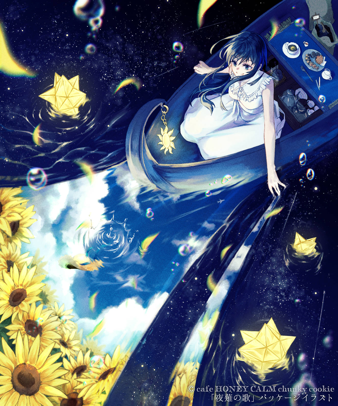 Anime 1378x1654 portrait display sunflowers starry night starred sky white dress water drops bubbles watermarked boat stars water night petals clouds sleeveless Canned Rose dress sky sitting