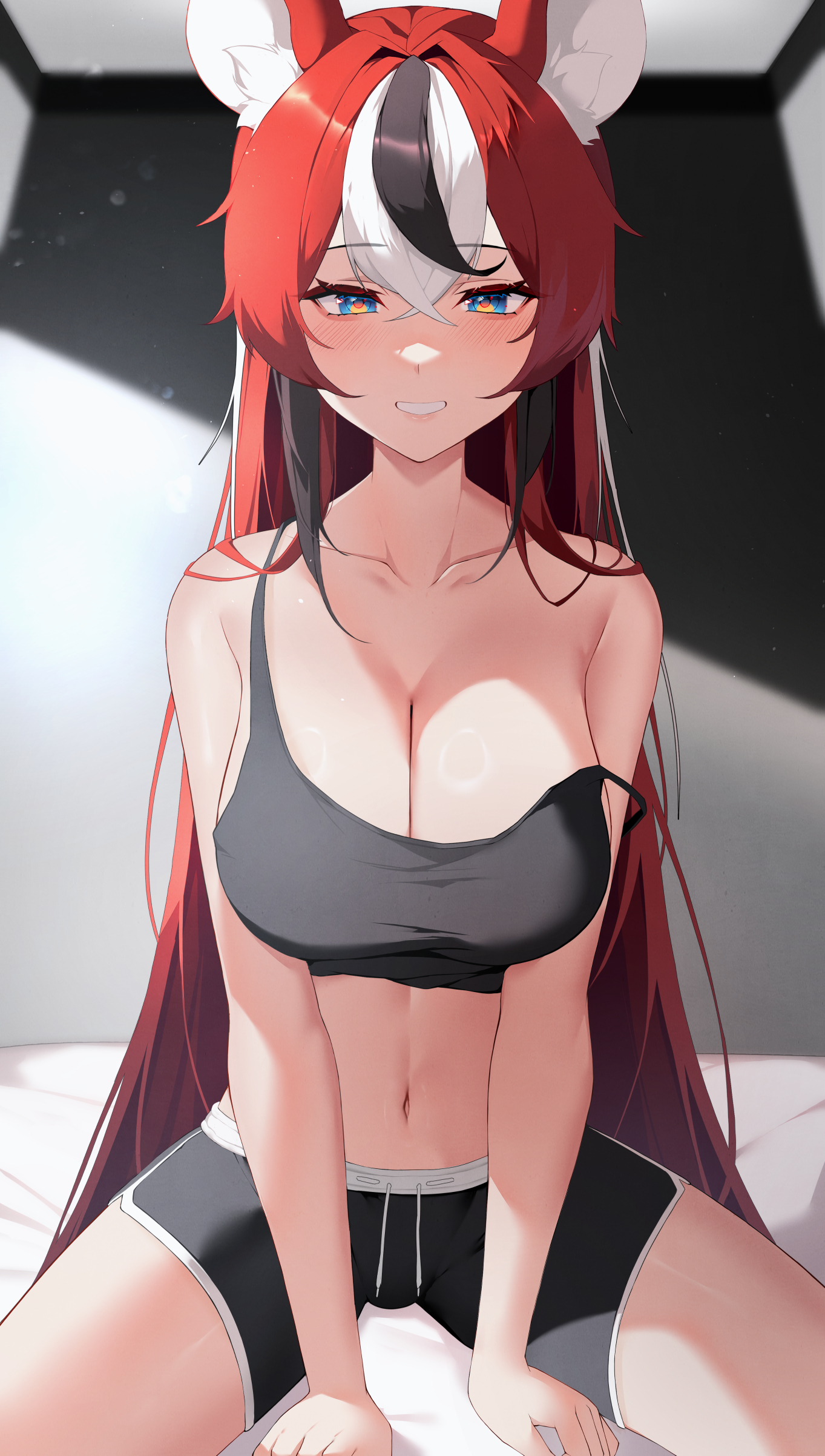 Anime 1363x2404 anime anime girls Virtual Youtuber Hololive Hakos Baelz long hair multi-colored hair belly drawstring crop top camisole animal ears cleavage big boobs shorts short shorts smiling looking at viewer strap slip collarbone mouse ears mouse girls blushing portrait display blue eyes dolphin shorts