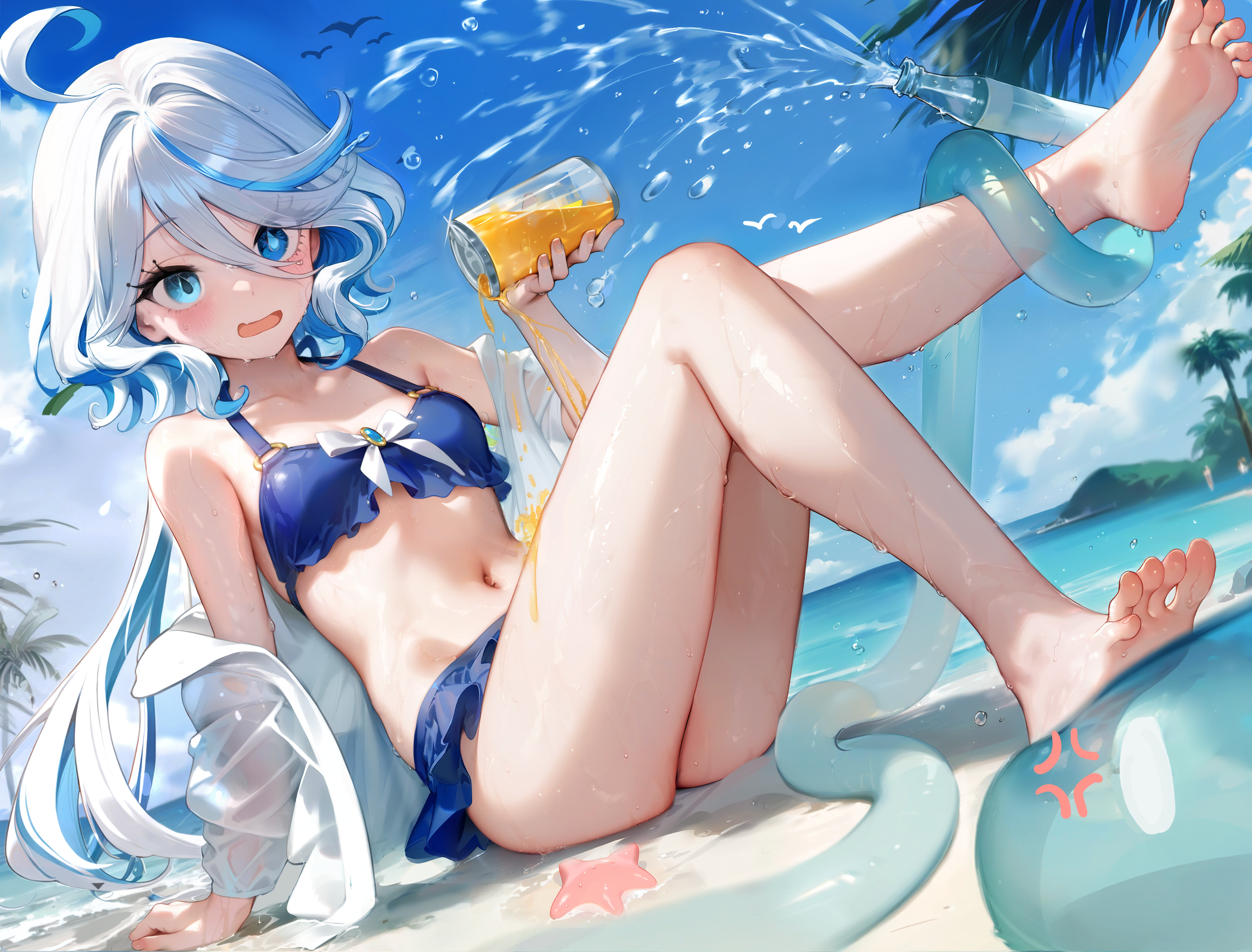 Anime 3637x2766 Genshin Impact swimwear Furina (Genshin Impact) blue bikini Shuimonianhua women outdoors barefoot small boobs blue swimsuit two tone hair open clothes long hair thighs together heterochromia wet body pouring women on beach water drops long sleeves palm trees open mouth sitting beach sea water foot sole wet feet hose blushing ahoge drink clouds starfish toes thighs