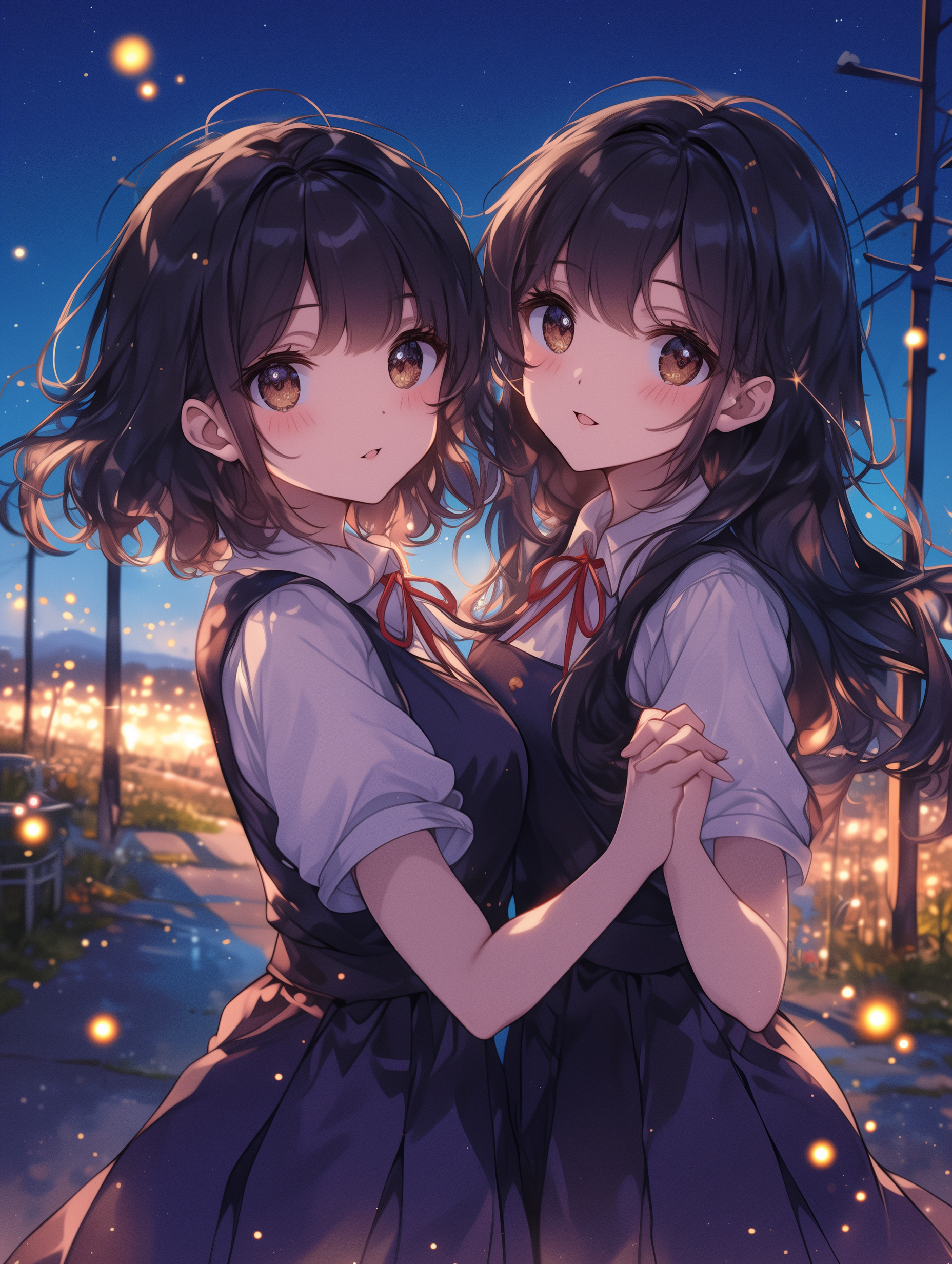 Anime 1856x2464 AI art anime anime girls original characters shoulder length hair long hair black hair two women twins artwork digital art