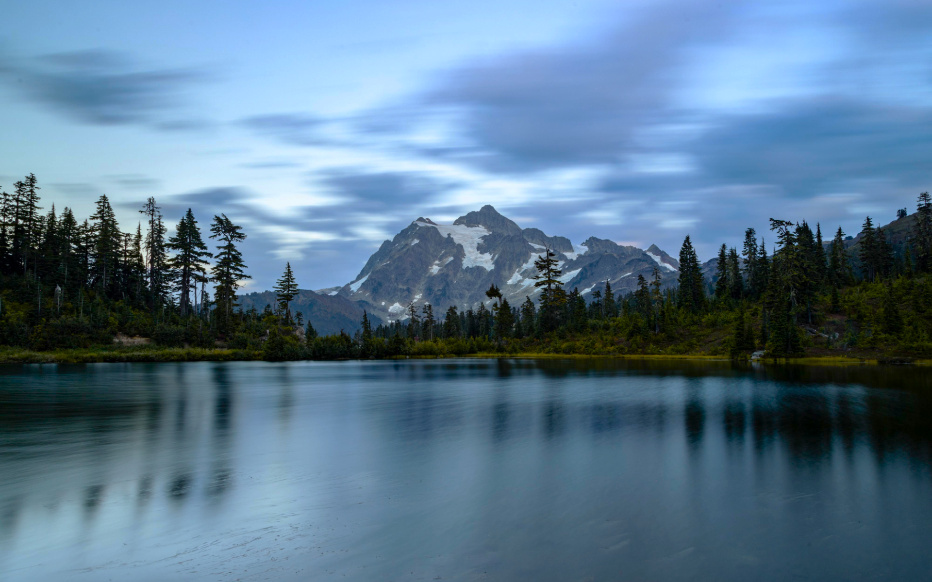 General 1920x1200 nature landscape mountains trees river water pine trees long exposure clouds snow North Cascades National Park Washington (state) USA Mount Shuksan