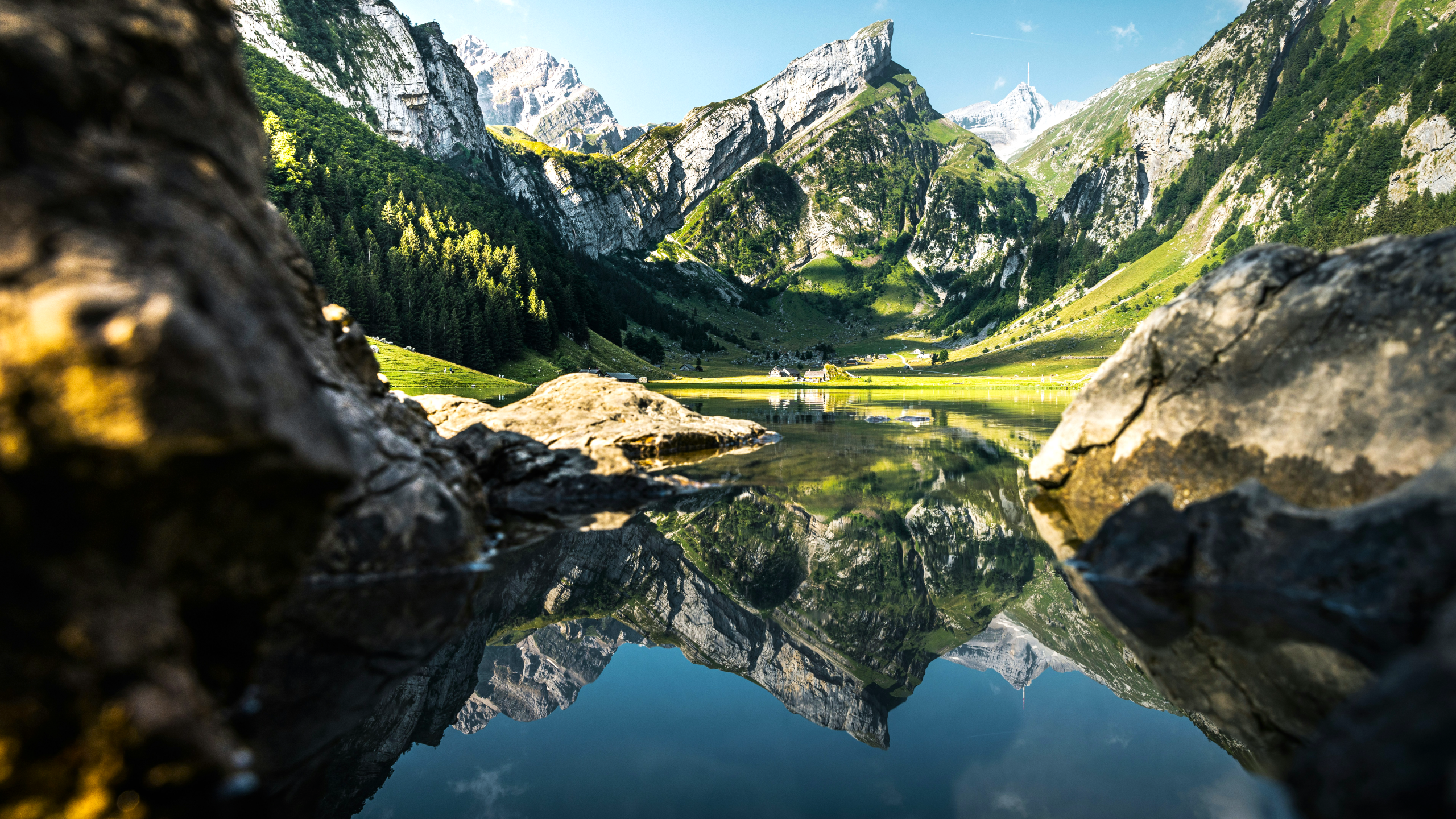 General 2560x1440 nature landscape lake water rocks mountains trees sky reflection house Switzerland