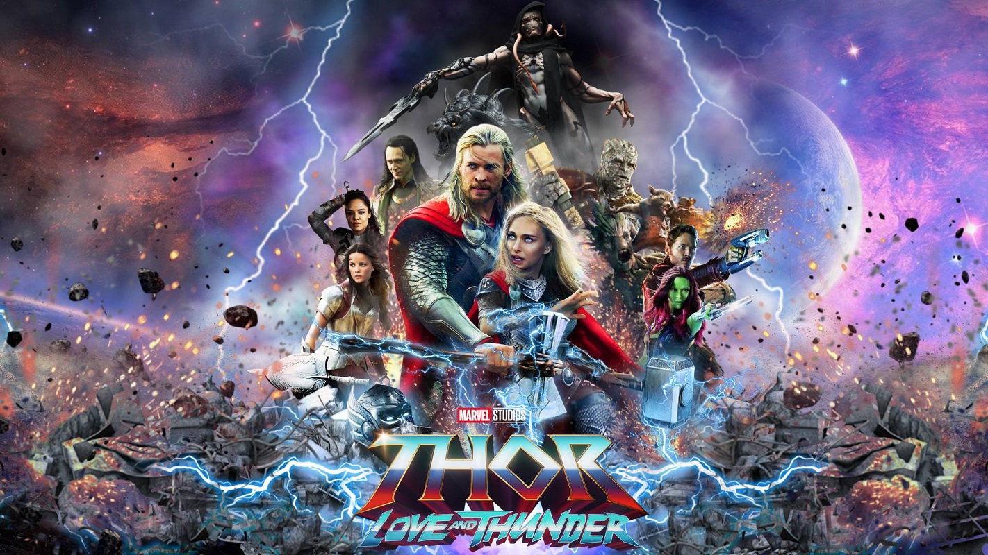 People 1422x800 Thor: Love and Thunder Marvel Cinematic Universe movies Thor Gamora  Groot Rocket Raccoon Lady Sif Loki digital art
