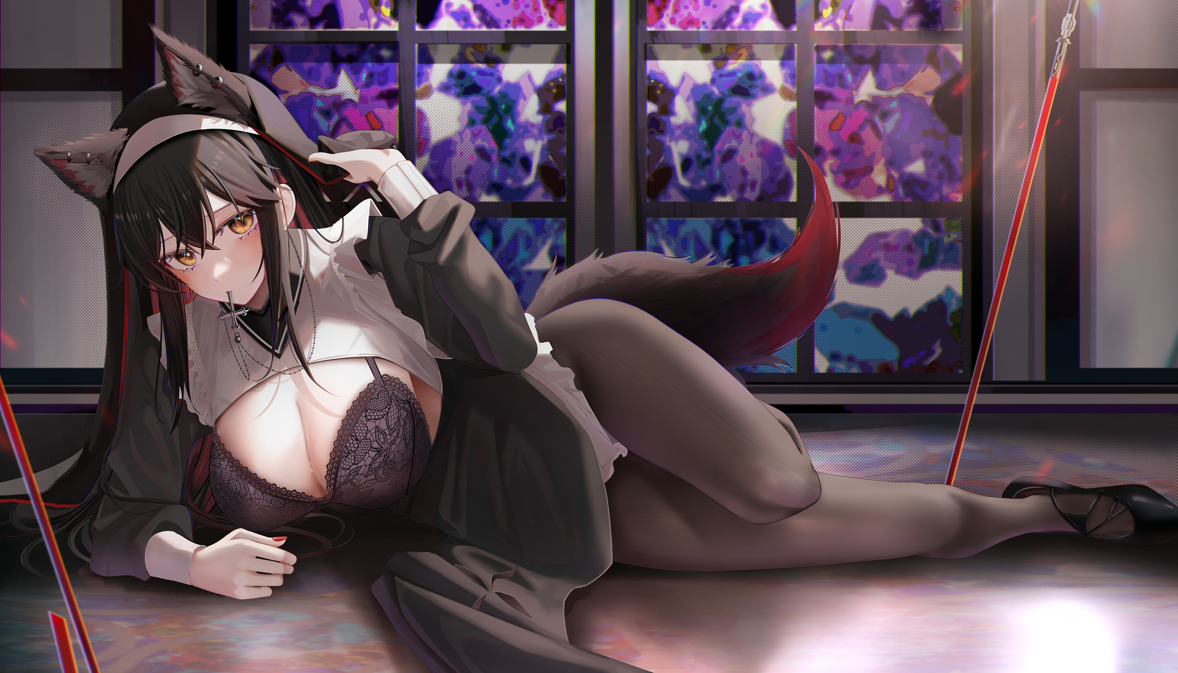 Anime 4134x2362 Arknights Ru Zhai Texas (Arknights) nun outfit cleavage big boobs wolf girls pantyhose blushing lying down lace underwear animal ears tail