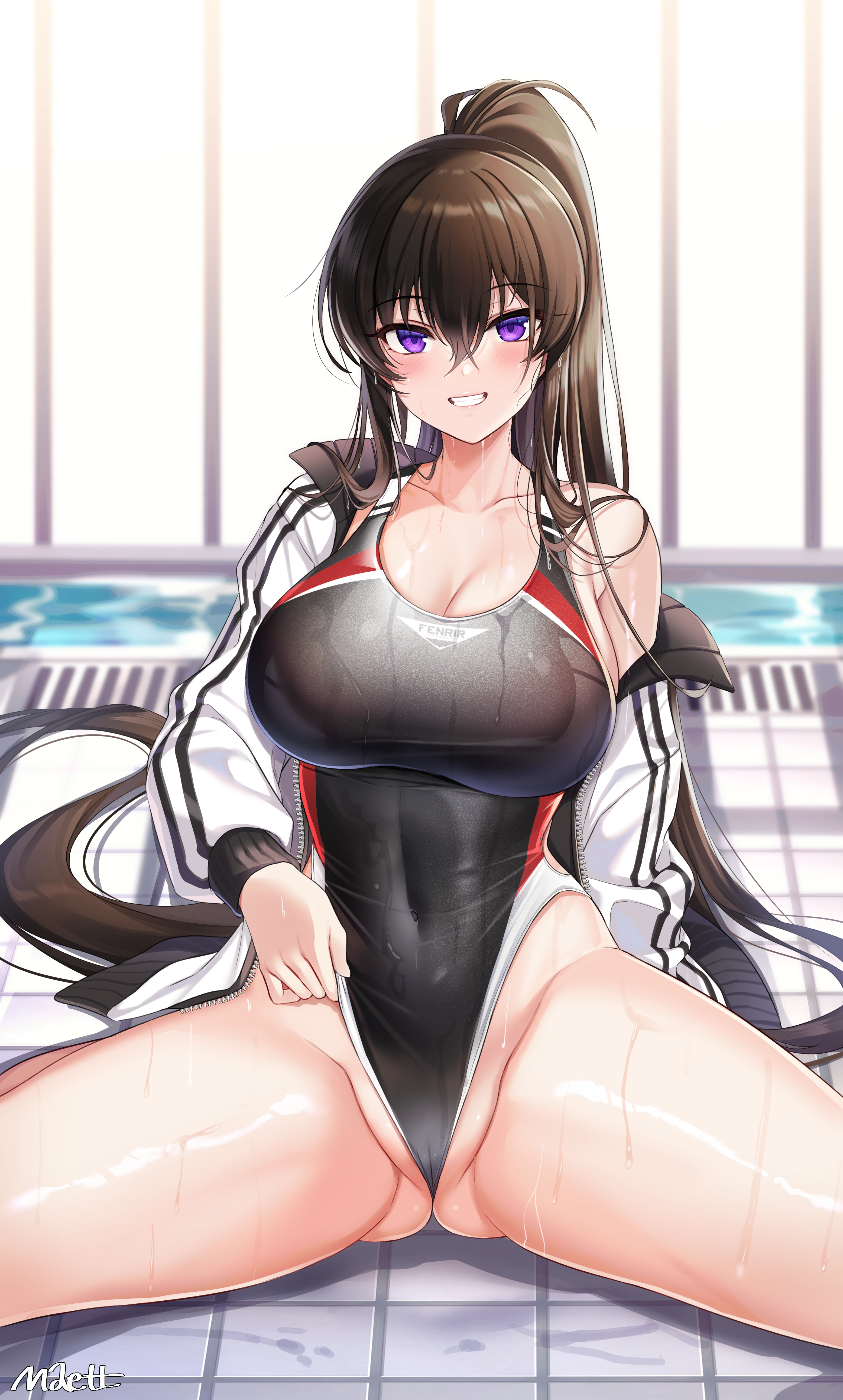 Anime 3112x5170 Counter:Side Yoo Mina (Counter:Side) lip slip glutes thighs spread legs anime girls one-piece swimsuit ponytail big boobs purple eyes long hair