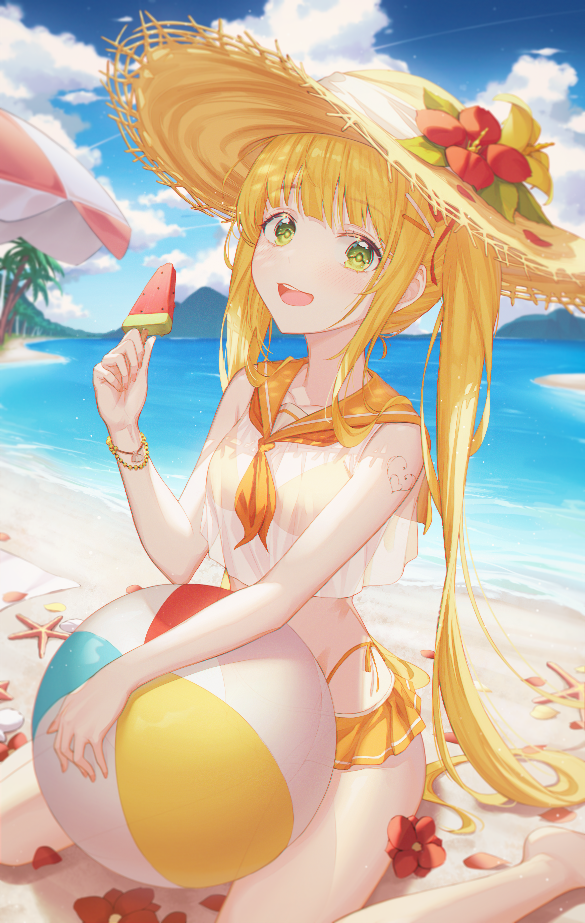 Anime 2330x3676 bikini blonde anime girls straw hat watermelons beach ball flowers starfish twintails green eyes water beach long hair petals
