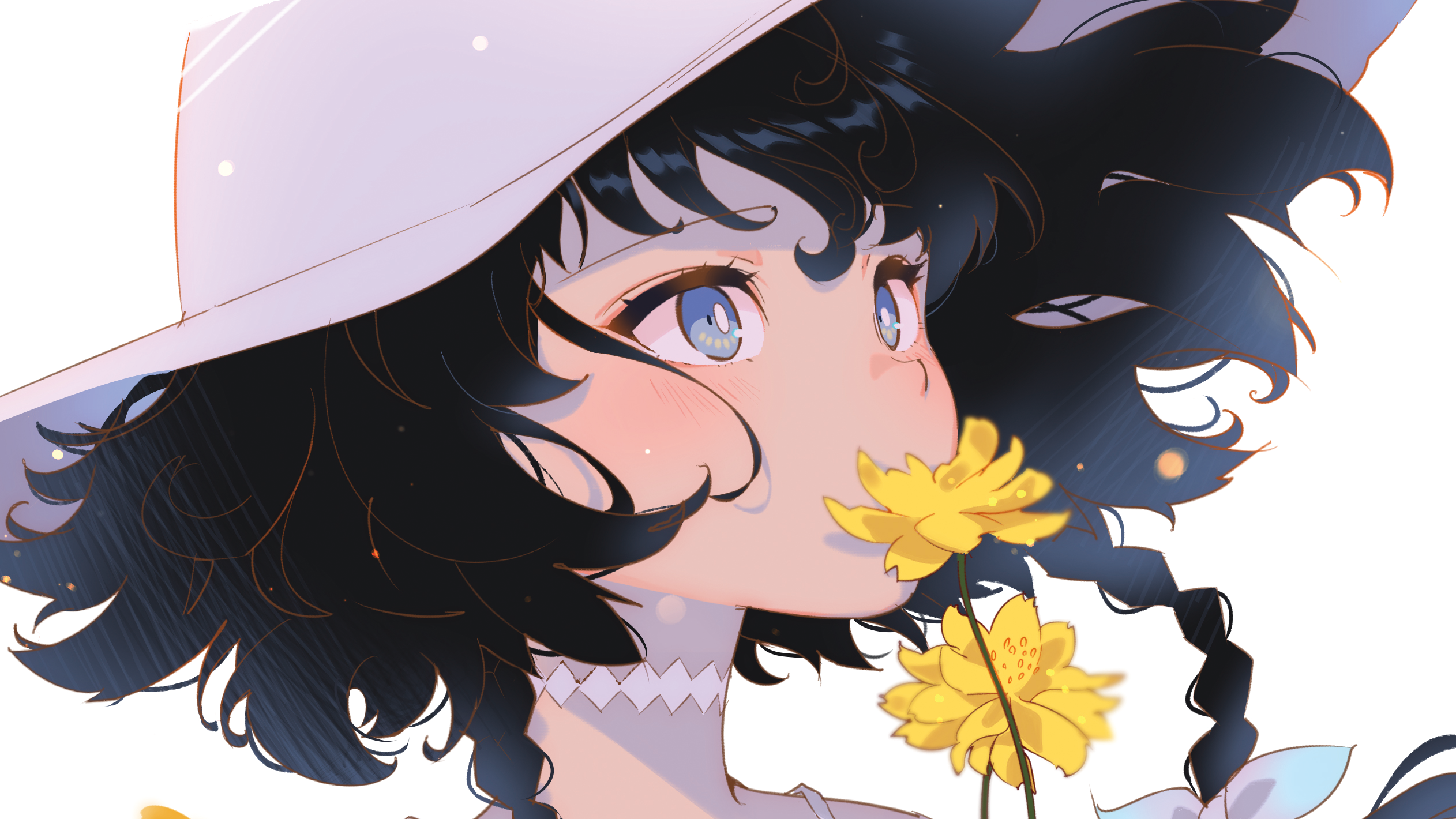Anime 2524x1420 hat flowers necklace blue eyes anime girls black hair