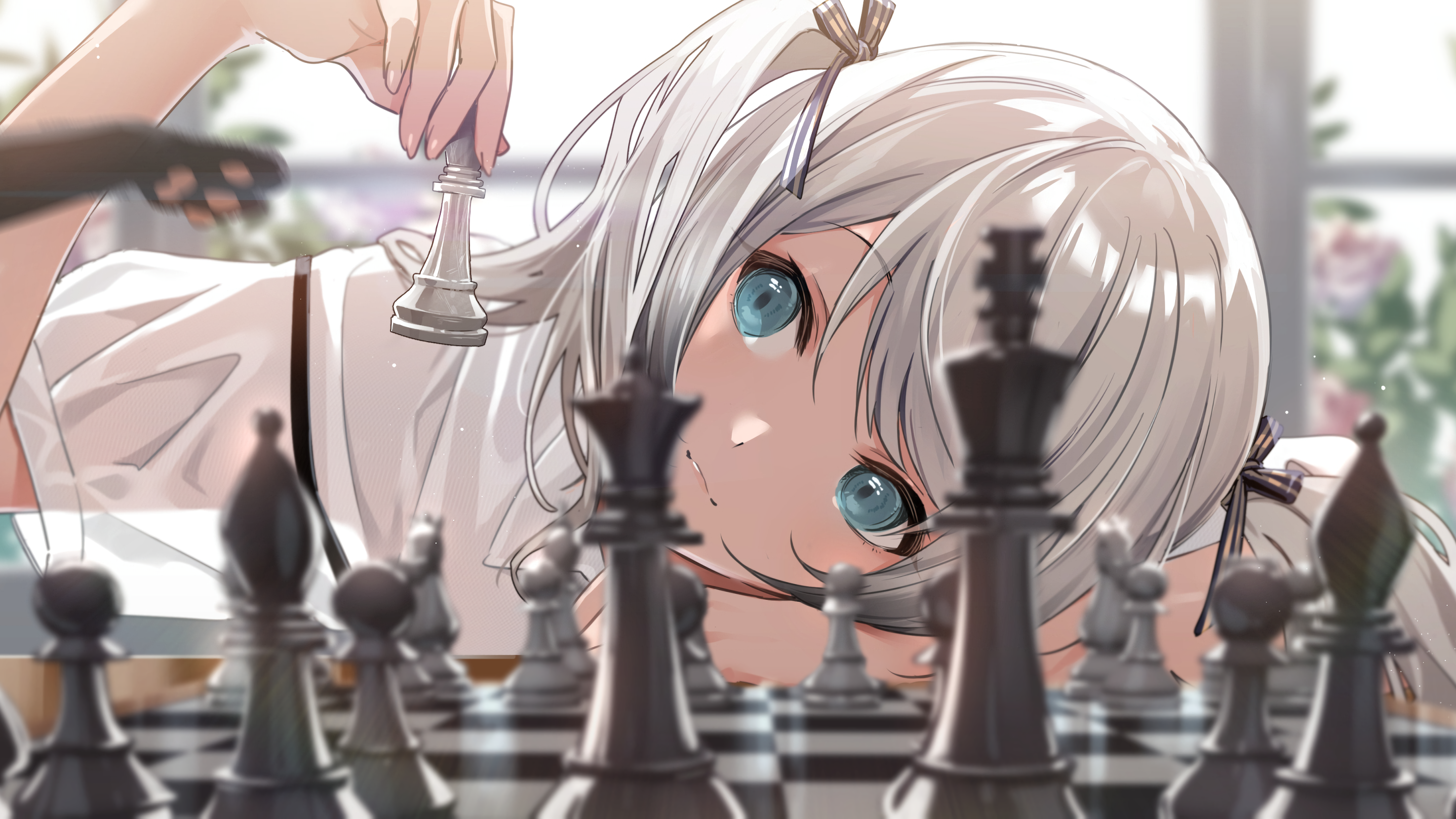 Anime 2949x1659 anime anime girls chess women indoors depth of field silver hair twintails blue eyes POV white shirt resting head