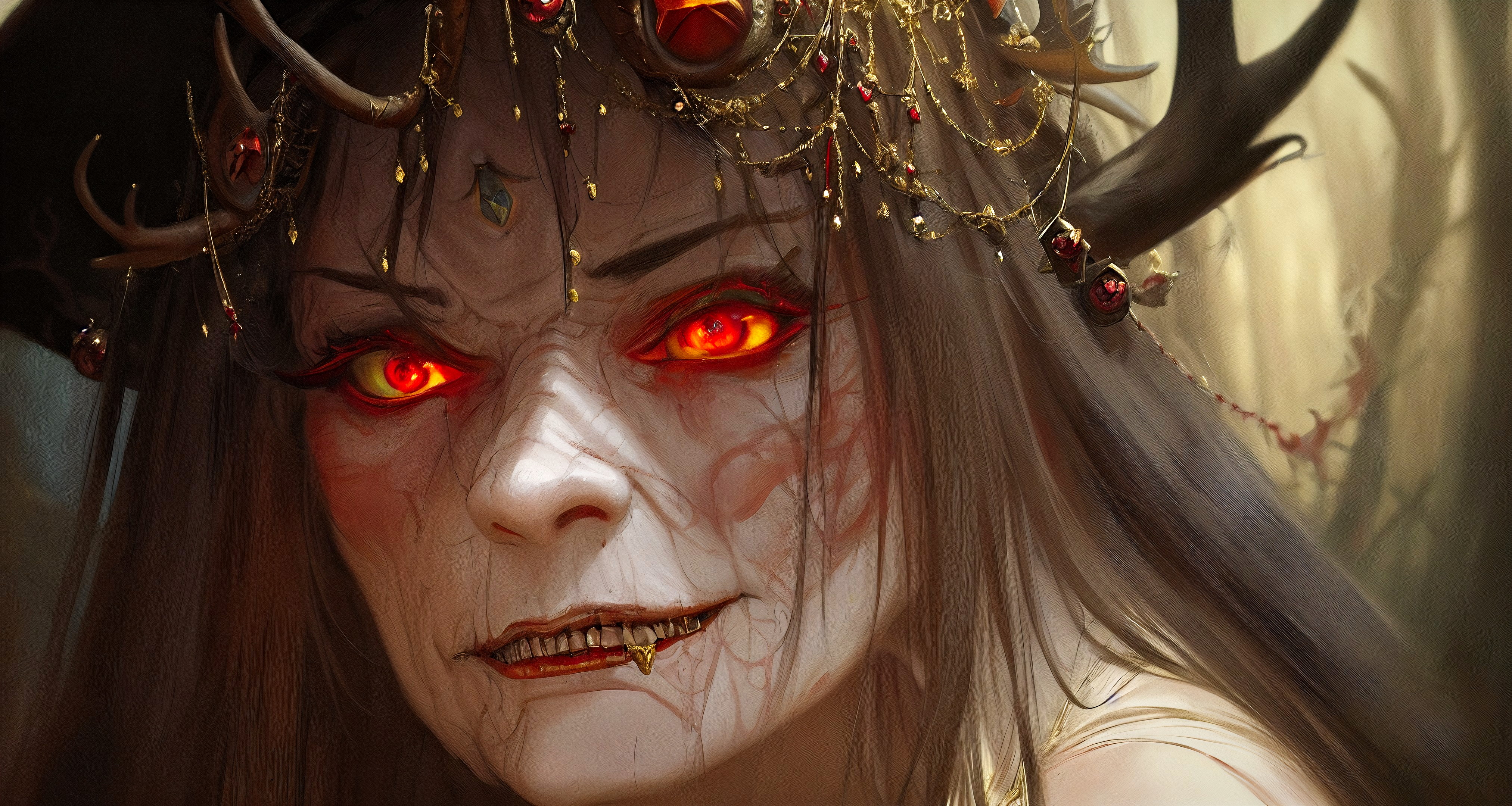 General 4050x2160 women red eyes glowing eyes face hair ornament horns artwork AI art Stable Diffusion