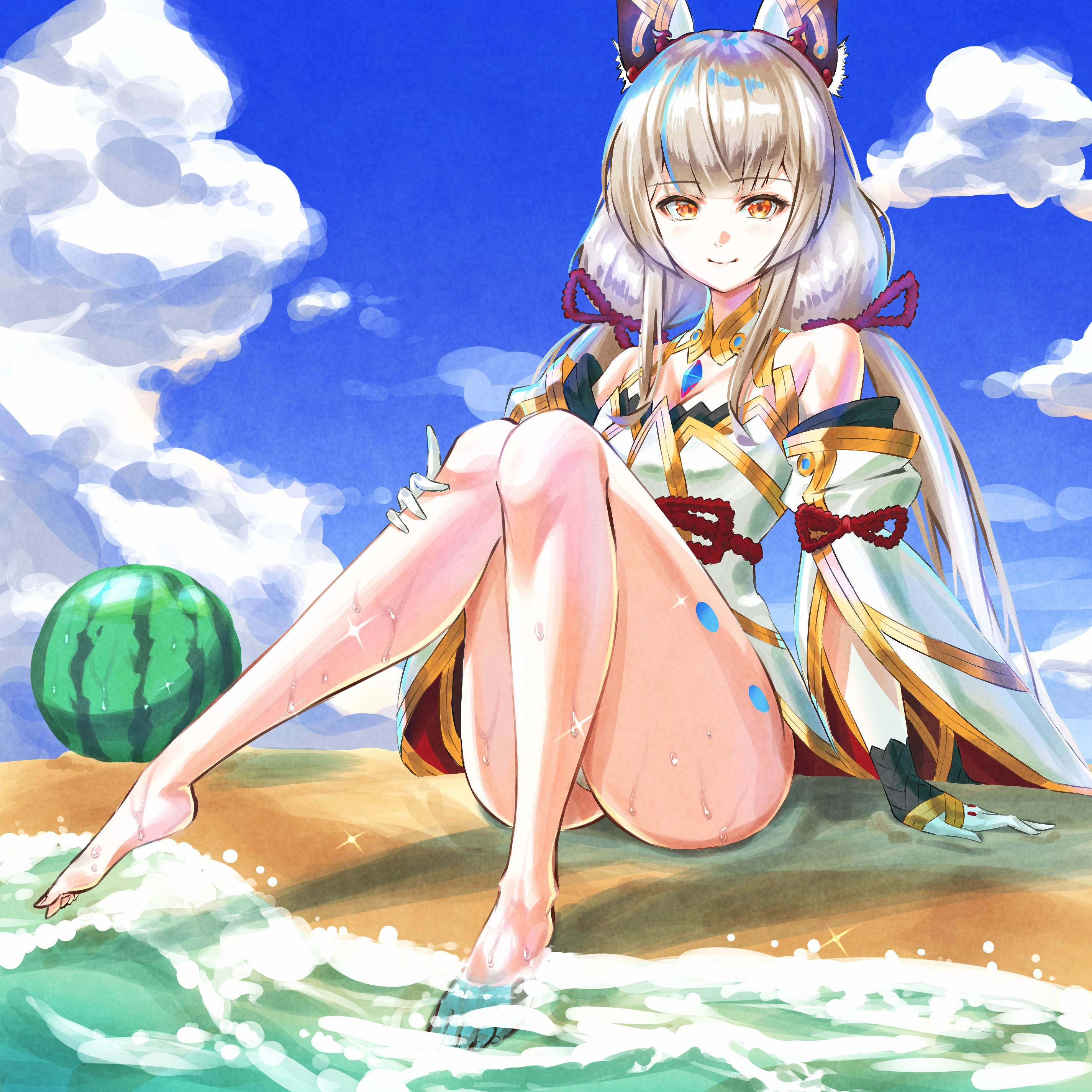 Anime 2850x2850 Xenoblade Chronicles Xenoblade Chronicles 2 Nia (Xenoblade) anime girls watermelons clouds water twintails ass