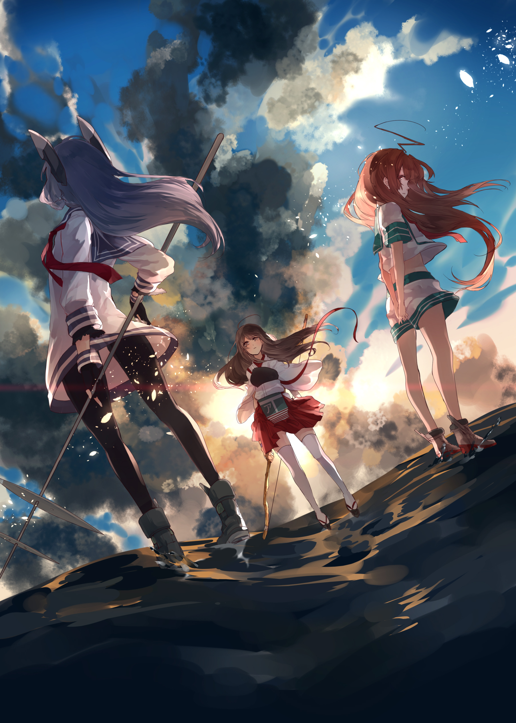 Anime 1804x2527 anime anime girls water clouds weapon sky