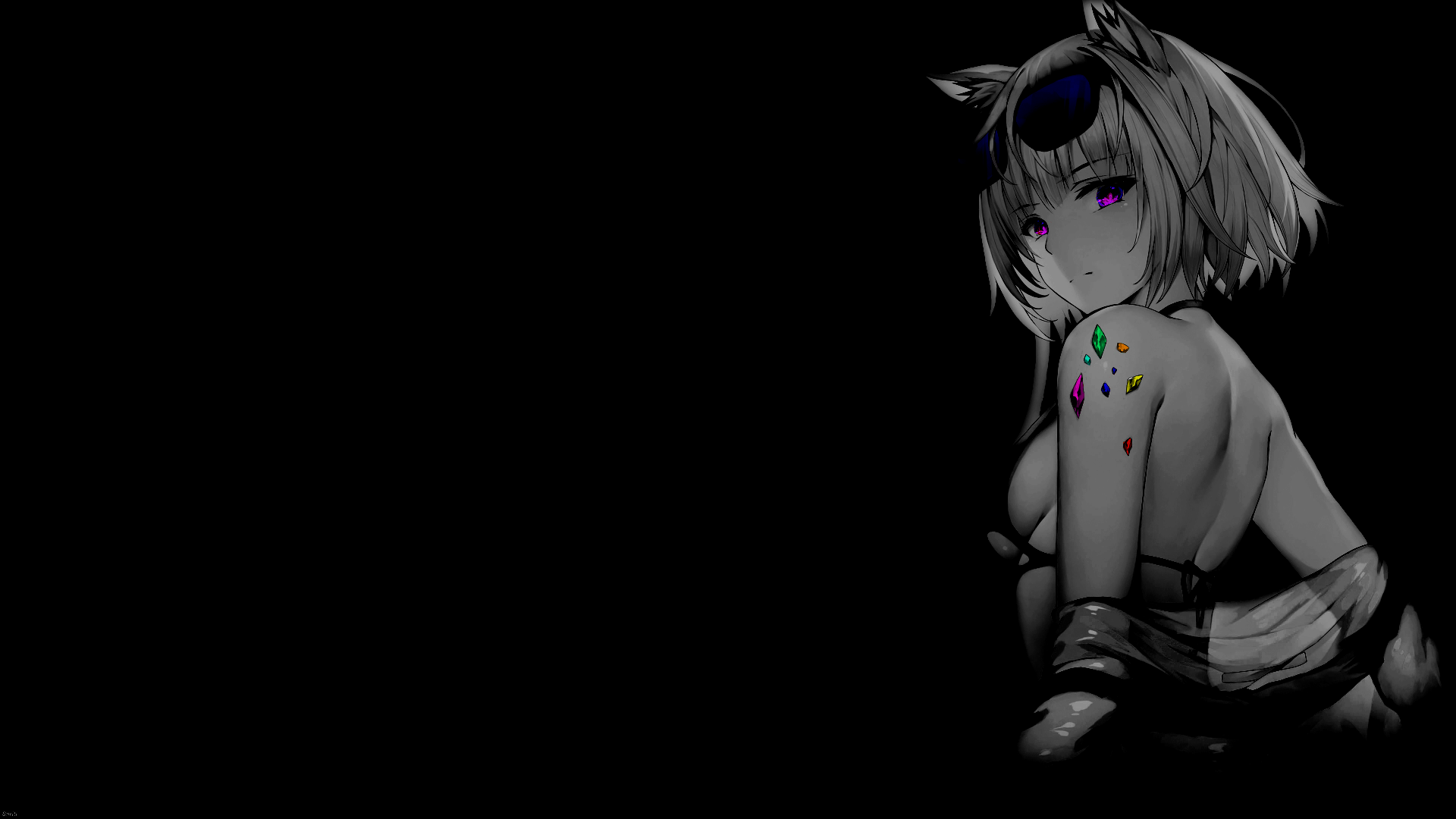 Anime 1920x1080 selective coloring anime girls monochrome animal ears sideboob simple background anime black background back sunglasses short hair looking at viewer boobs closed mouth off shoulder