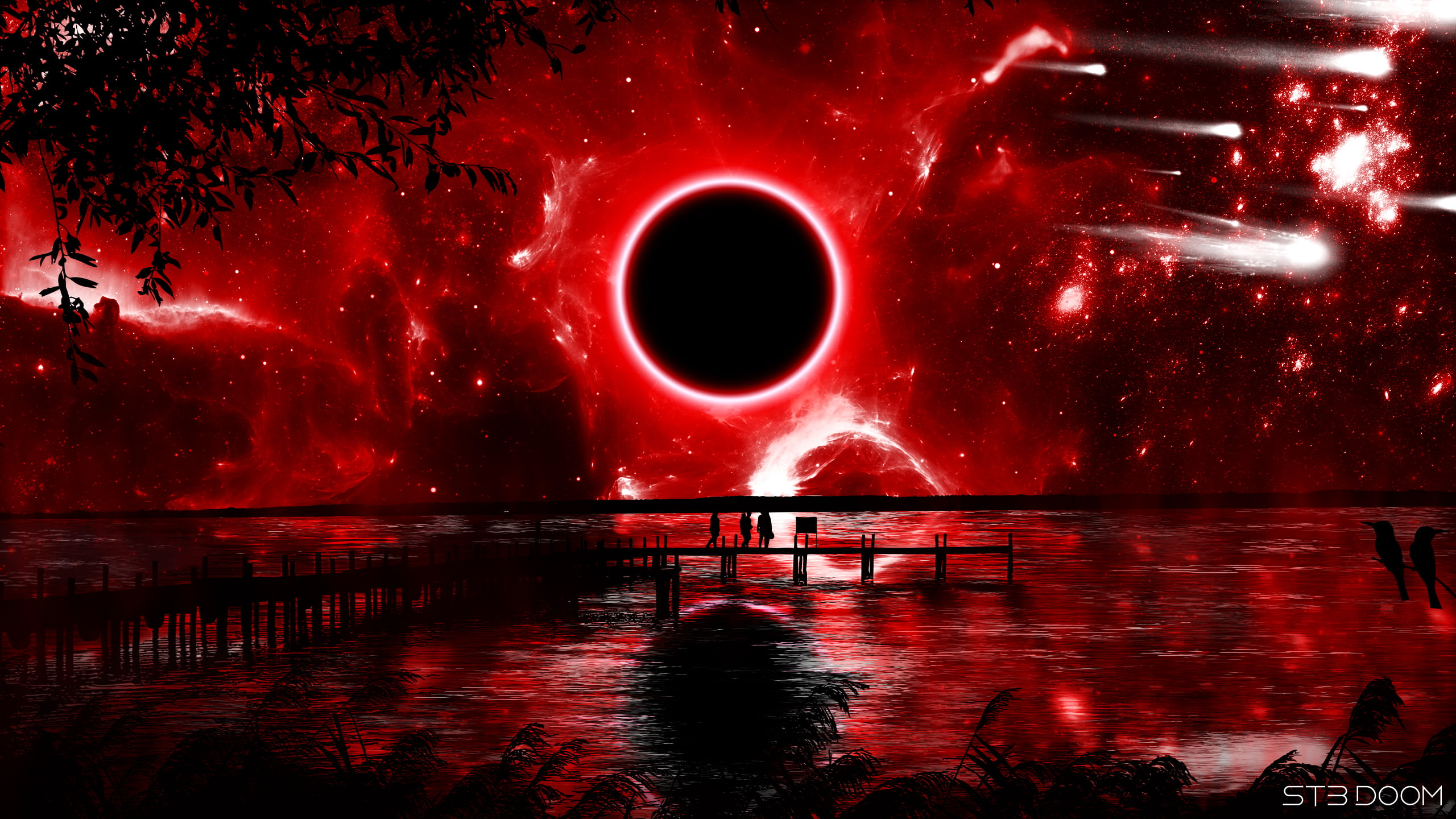 General 2560x1440 red black eclipse  bridge water reflection sky trees branch leaves space stars nebula shooting stars birds shadow