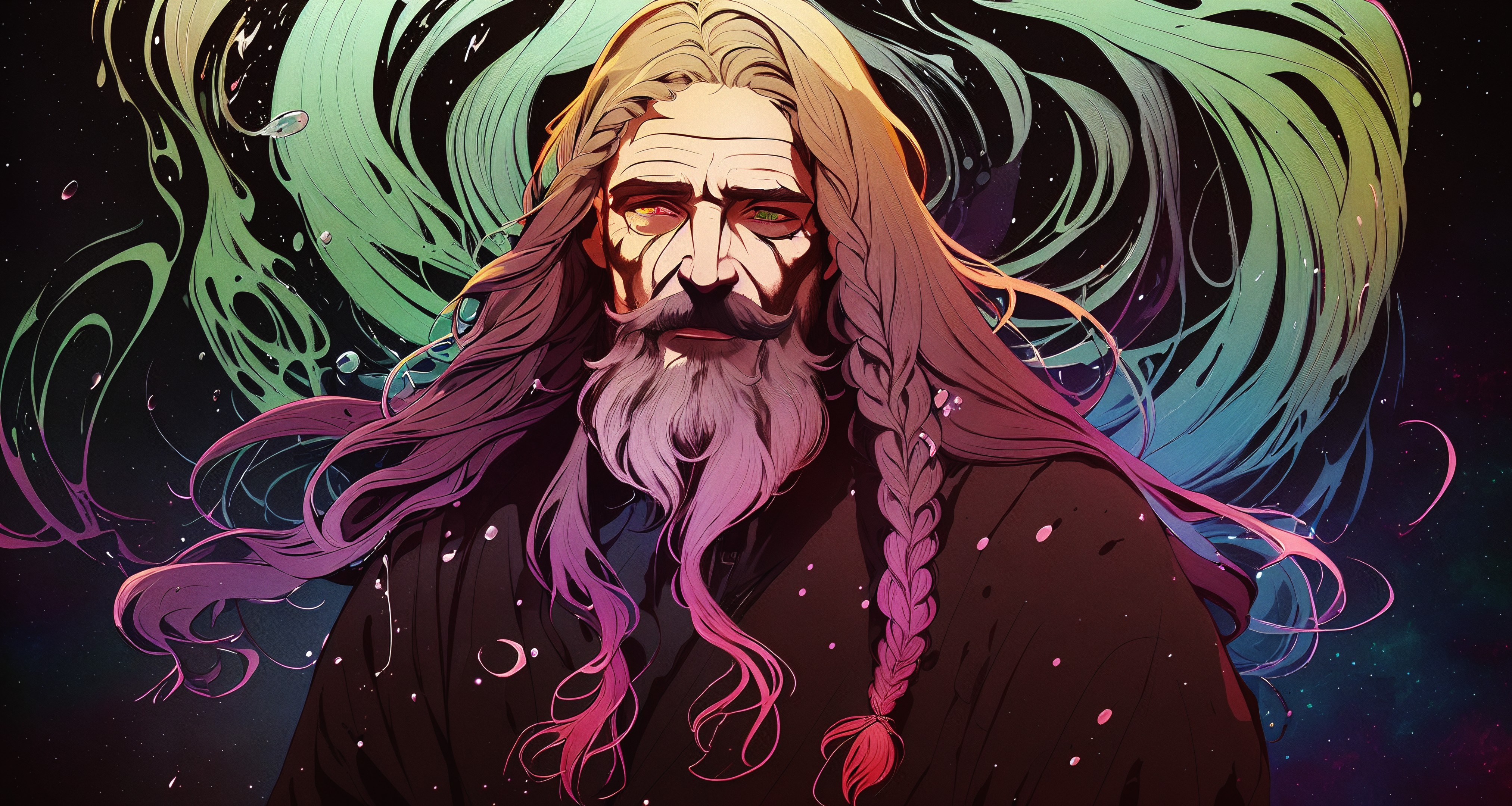General 4050x2160 AI art Stable Diffusion colorful long hair old people braids beard looking at viewer